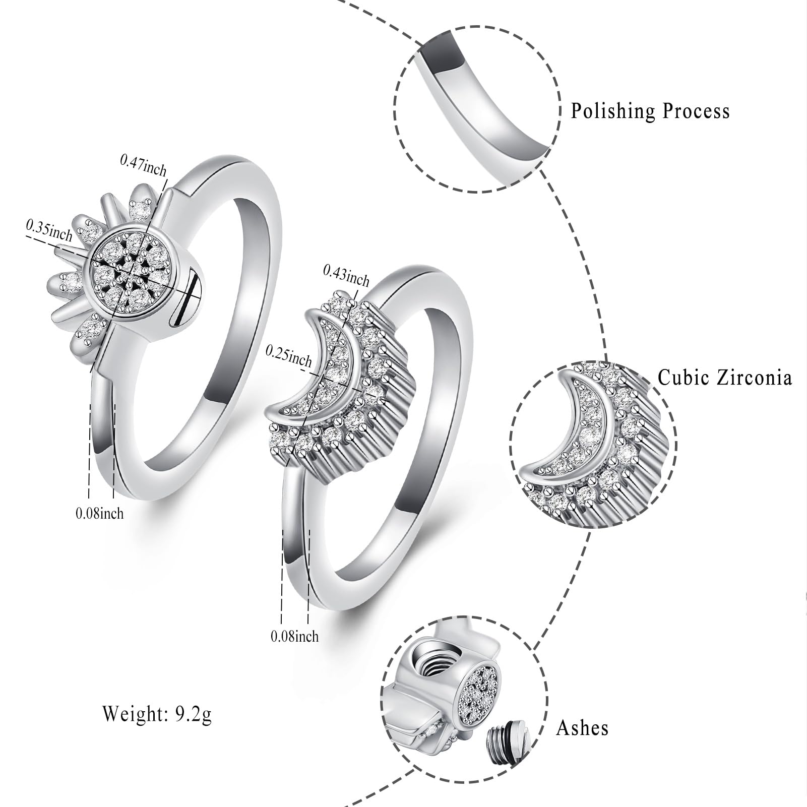 Cremation Jewelry for Ashes Urn Rings - Celestial Sun and Moon Ash Urn Ring Set - Picture 13 of 71