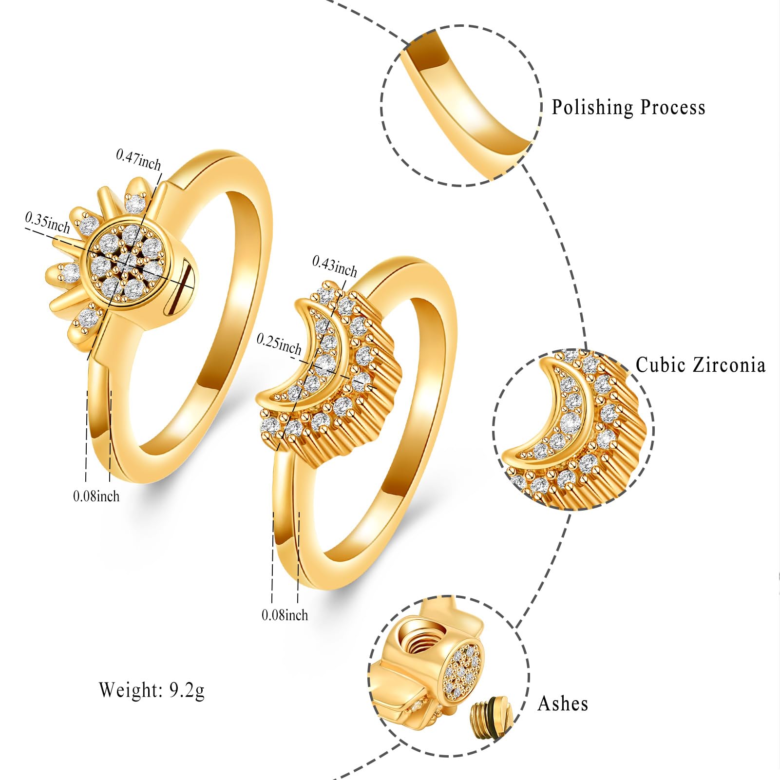 Cremation Jewelry for Ashes Urn Rings - Celestial Sun and Moon Ash Urn Ring Set - Picture 27 of 71