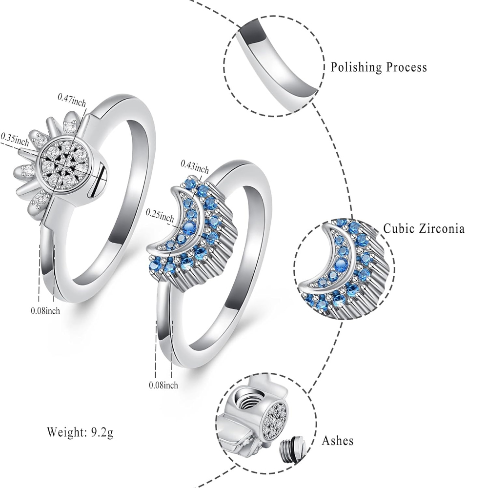 Cremation Jewelry for Ashes Urn Rings - Celestial Sun and Moon Ash Urn Ring Set - Picture 41 of 71