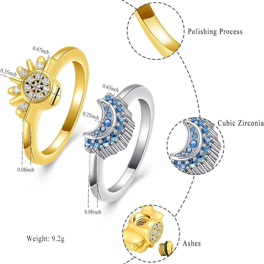 Cremation Jewelry for Ashes Urn Rings - Celestial Sun and Moon Ash Urn Ring Set - Picture 55 of 71
