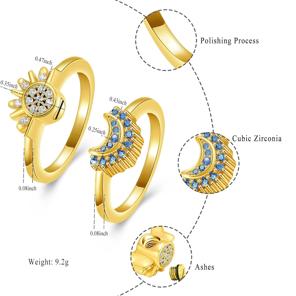 Cremation Jewelry for Ashes Urn Rings - Celestial Sun and Moon Ash Urn Ring Set - Picture 62 of 71