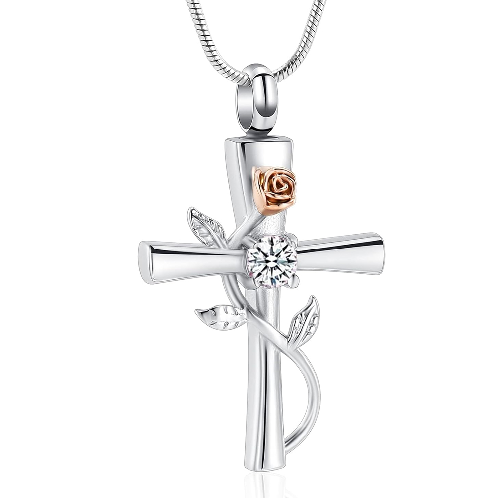Cross Urn Necklace for Ashes Birthstone Rose Flower Cremation Jewelry for Women