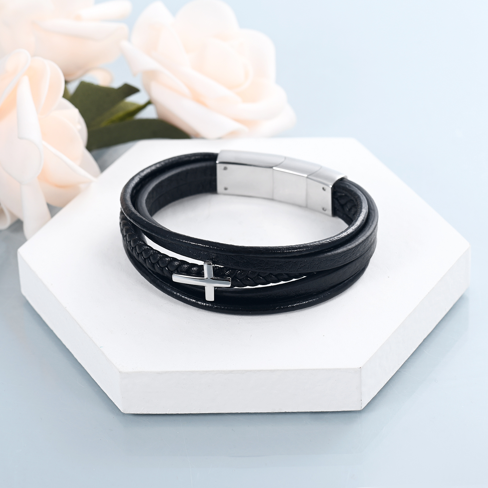 Cross Cremation Bracelet for Ashes Stainless Steel Leather Urn Memorial Jewelry - Picture 17 of 46