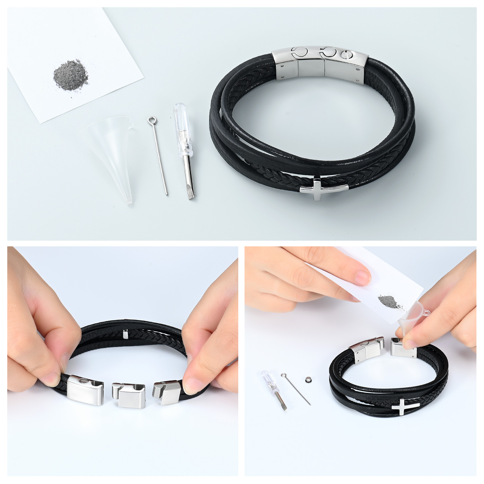 Cross Cremation Bracelet for Ashes Stainless Steel Leather Urn Memorial Jewelry - Picture 46 of 46