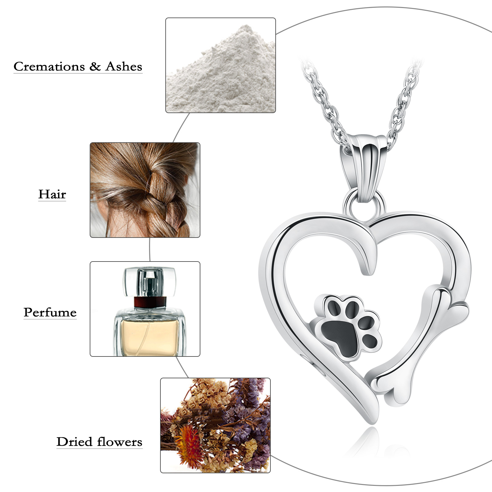 Pet Cremation Jewelry for Ashes Urn Necklace Paw Print Heart Dog Cat Urn Pendant - Picture 14 of 47
