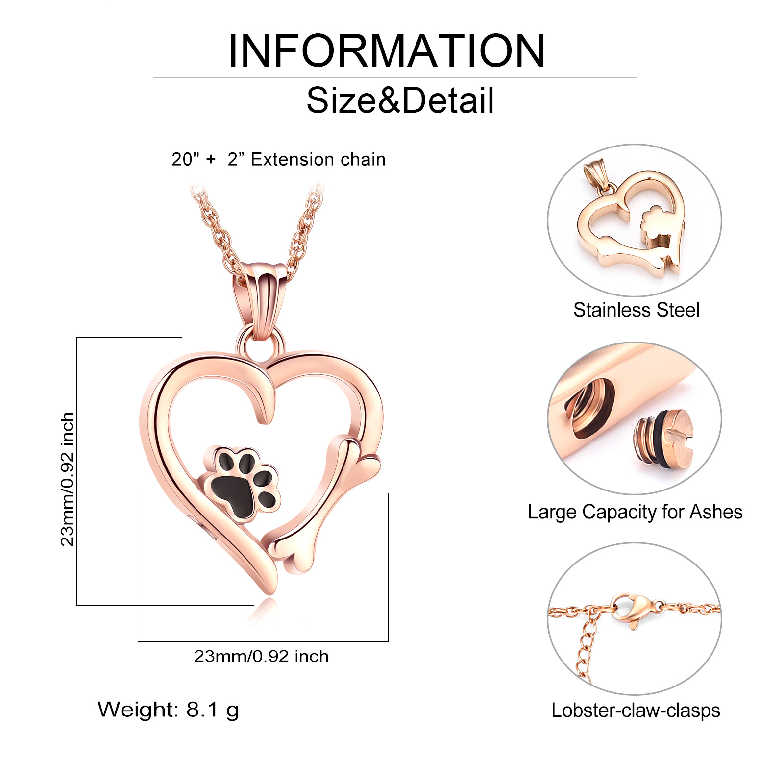 Pet Cremation Jewelry for Ashes Urn Necklace Paw Print Heart Dog Cat Urn Pendant - Picture 31 of 47