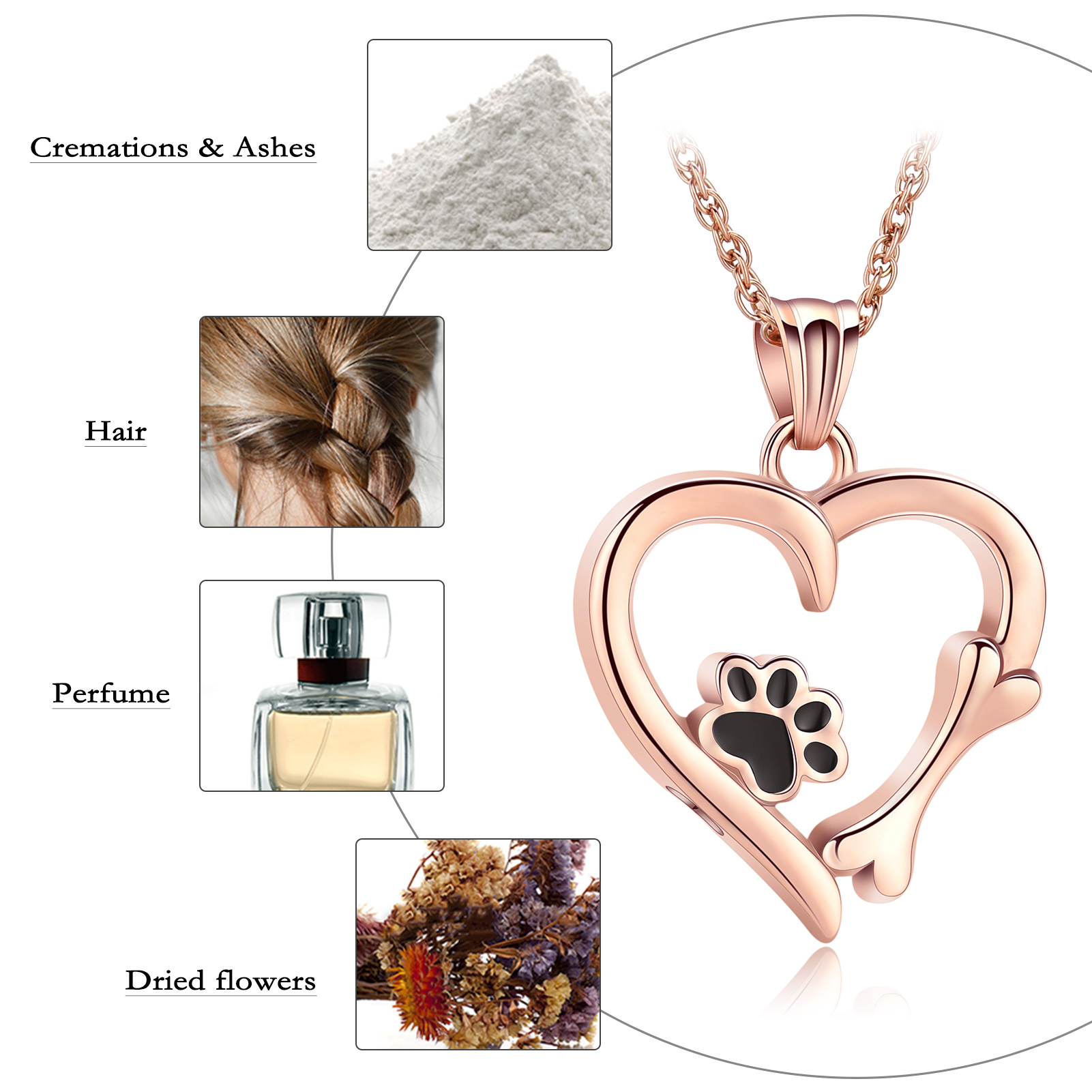 Pet Cremation Jewelry for Ashes Urn Necklace Paw Print Heart Dog Cat Urn Pendant - Picture 32 of 47