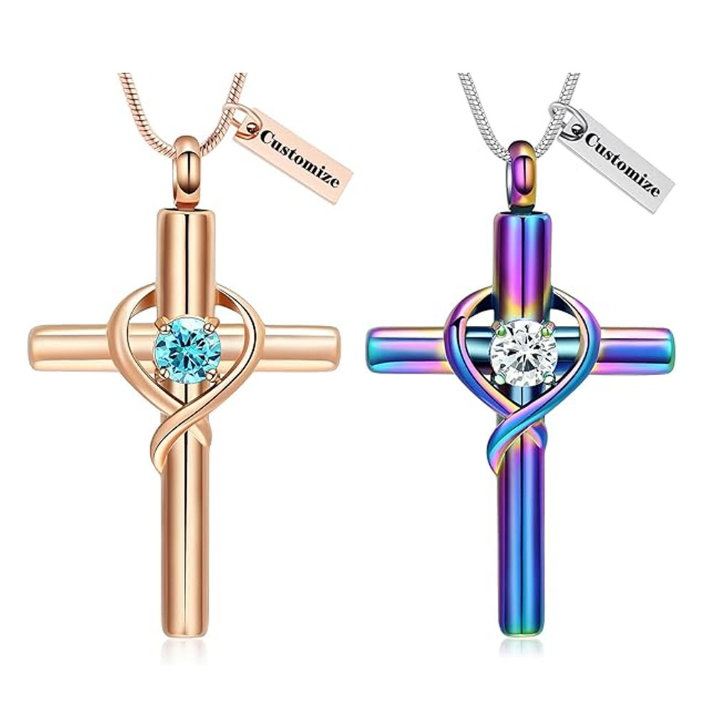 Cross Necklace for Ashes Birthstone Cross Urn Necklaces Ashes Crystal Necklace