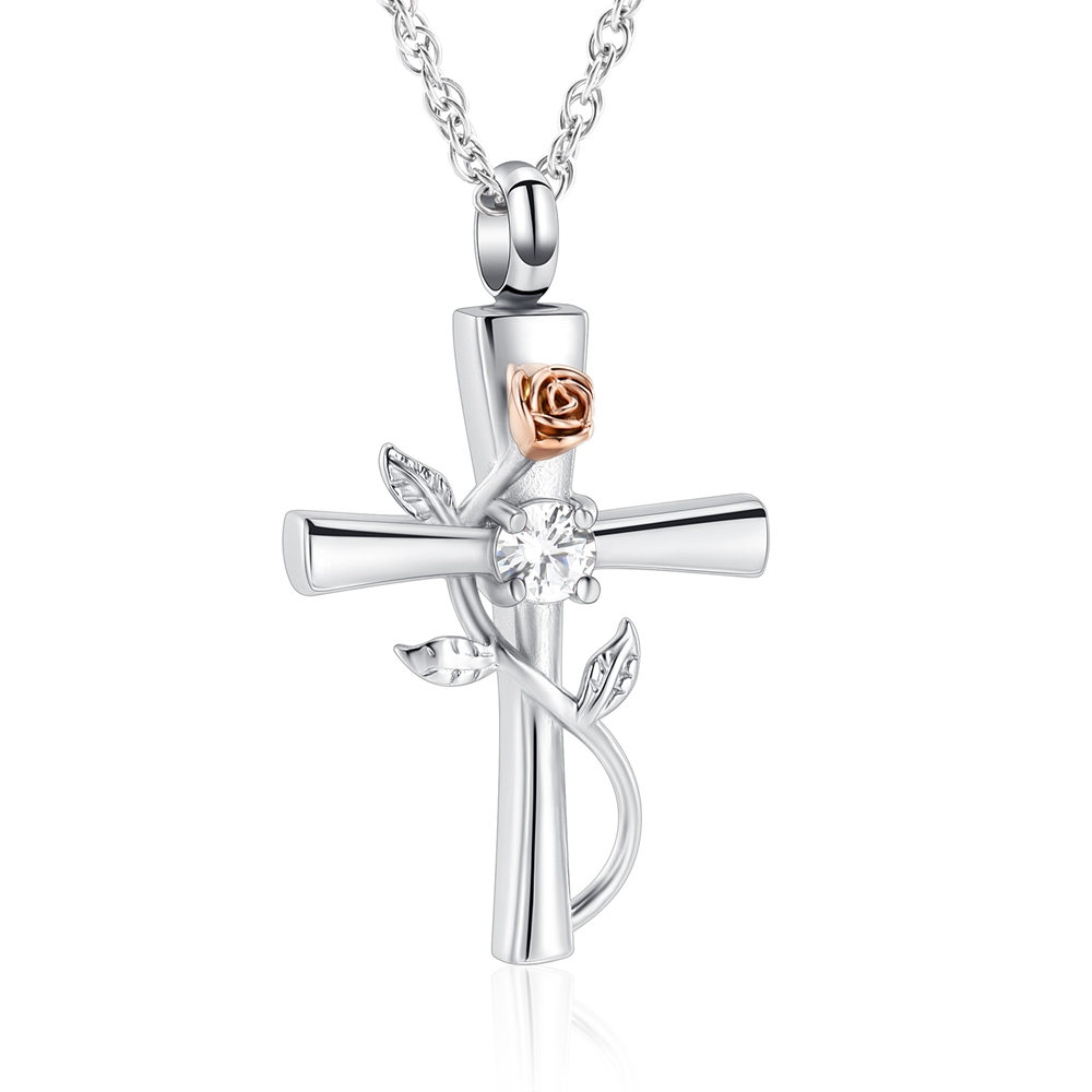 Birthstone Rose Flower Cross Urn Pendant Necklace for Ashe Keepsake Jewelry Gift