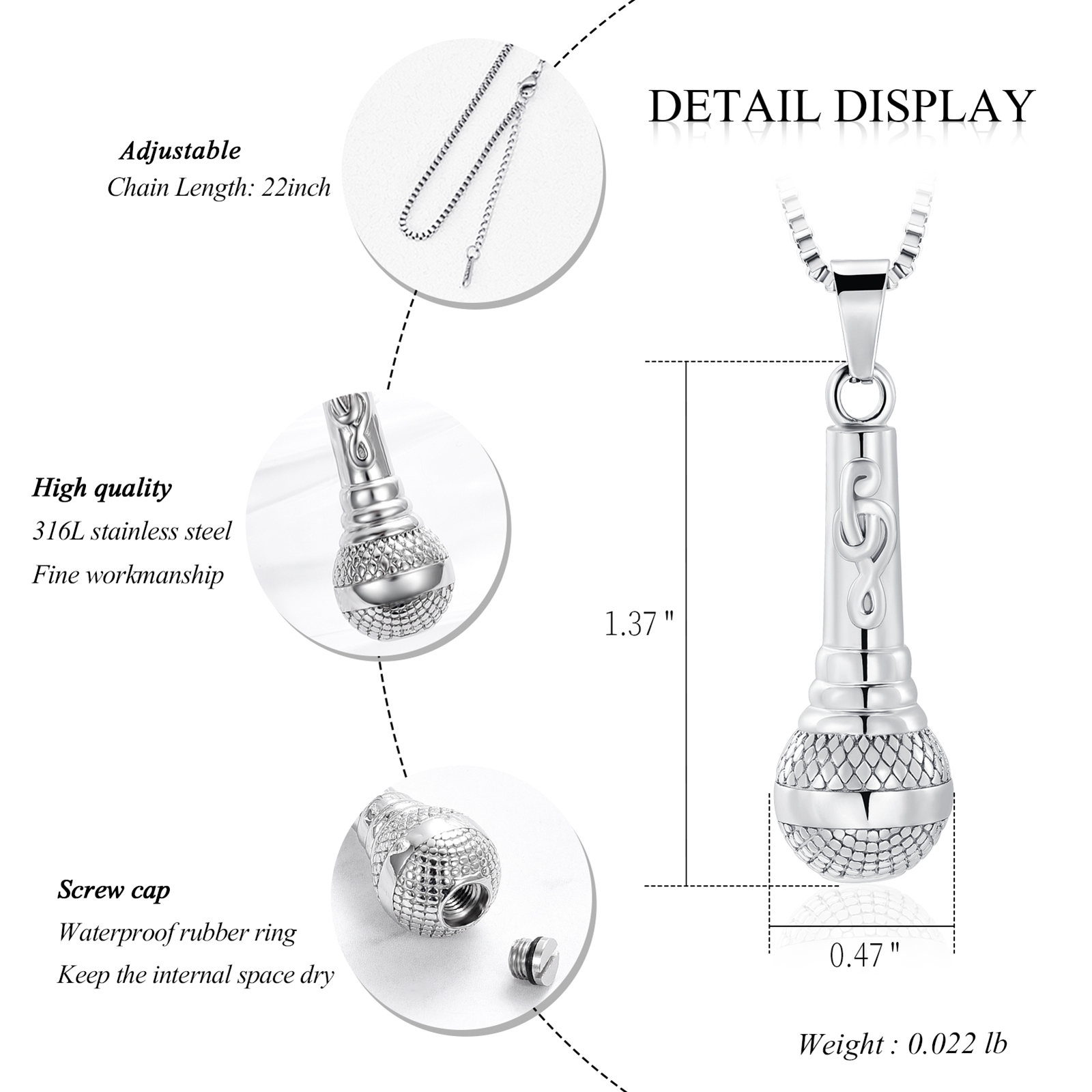 Stainless Steel Microphone Urn Pendant Memory Necklace Cremation Ashes Keepsake