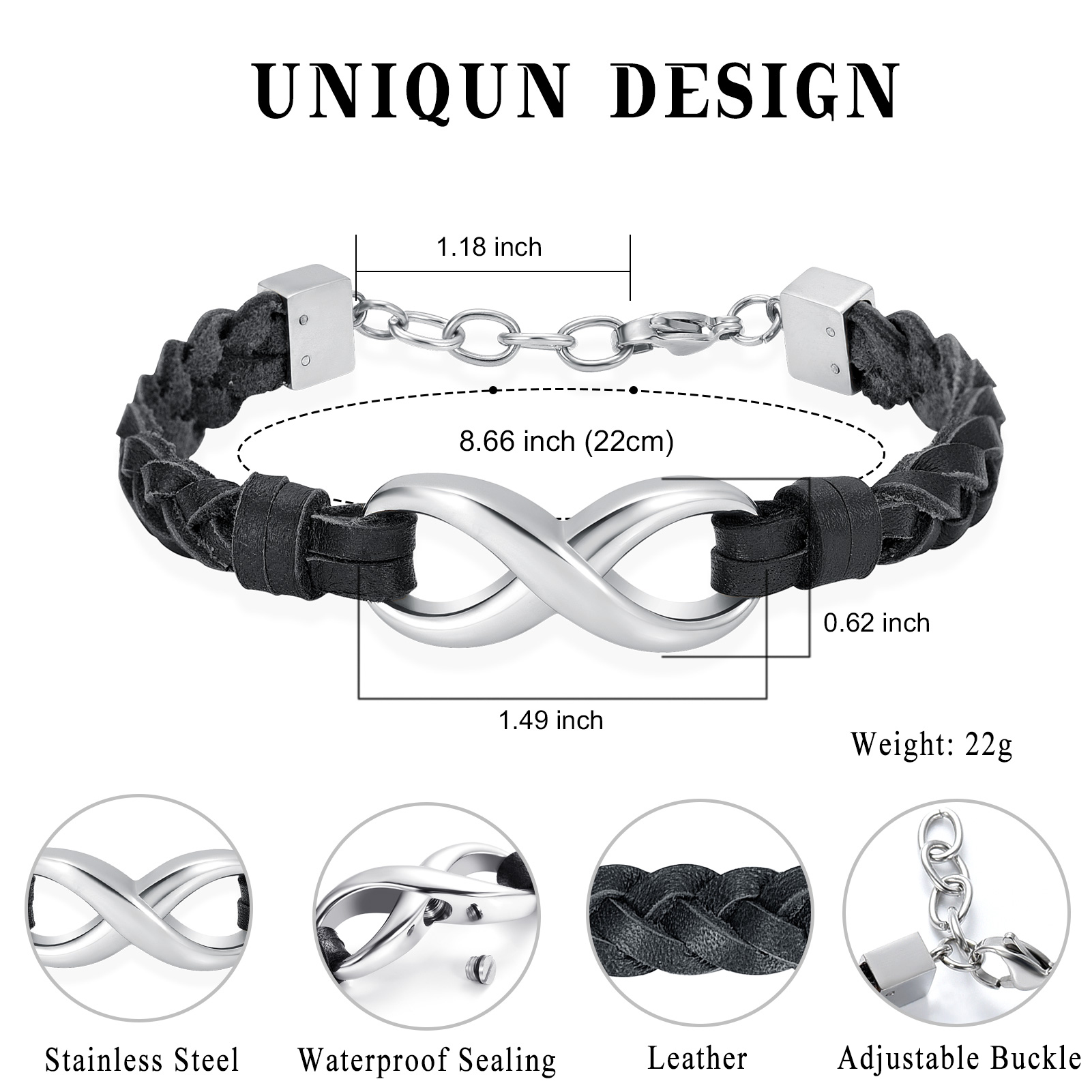 Leather Urn Bracelet for Ashes for Women Men Infinity Knot Cremation Cuff Bangle - Picture 21 of 79