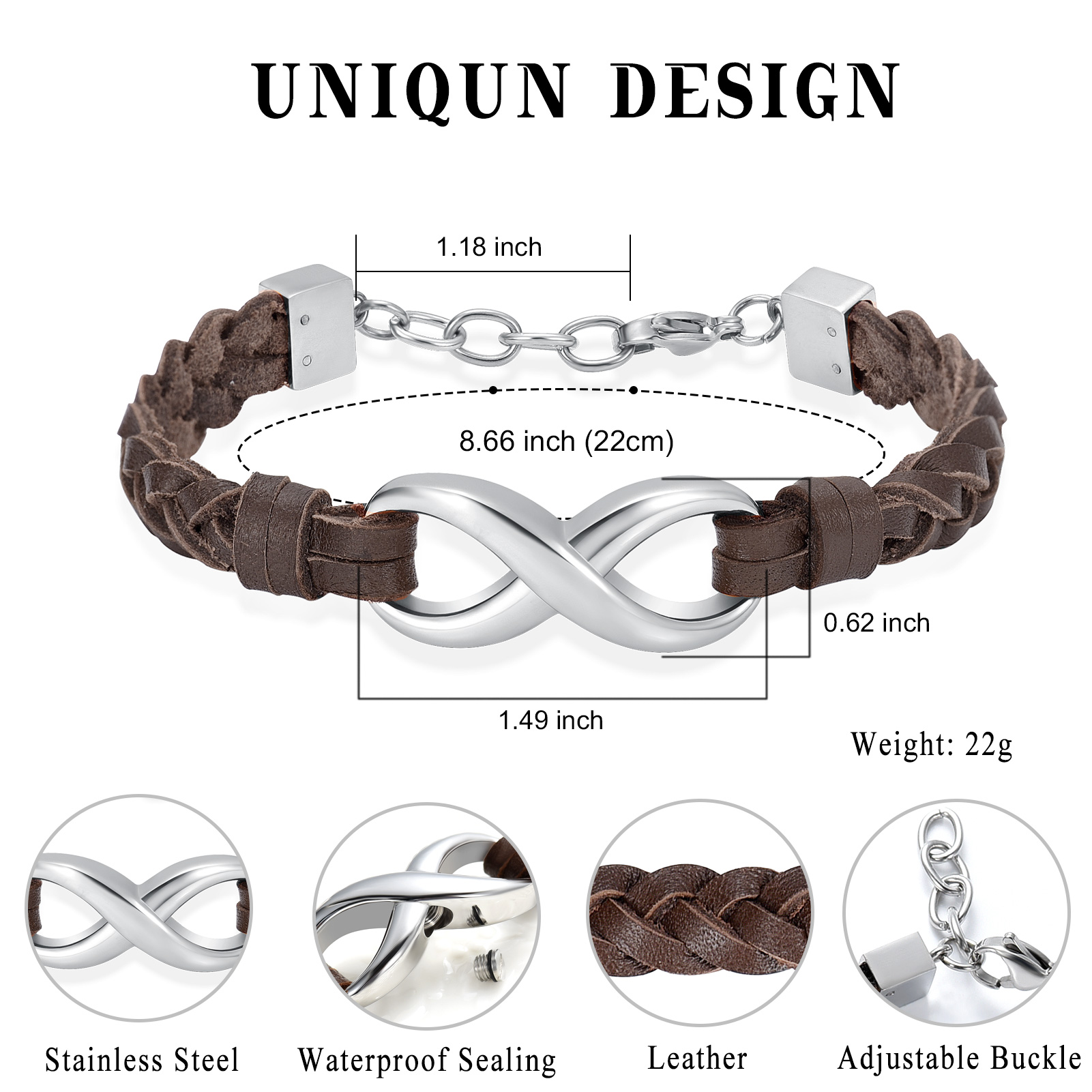 Leather Urn Bracelet for Ashes for Women Men Infinity Knot Cremation Cuff Bangle - Picture 62 of 79