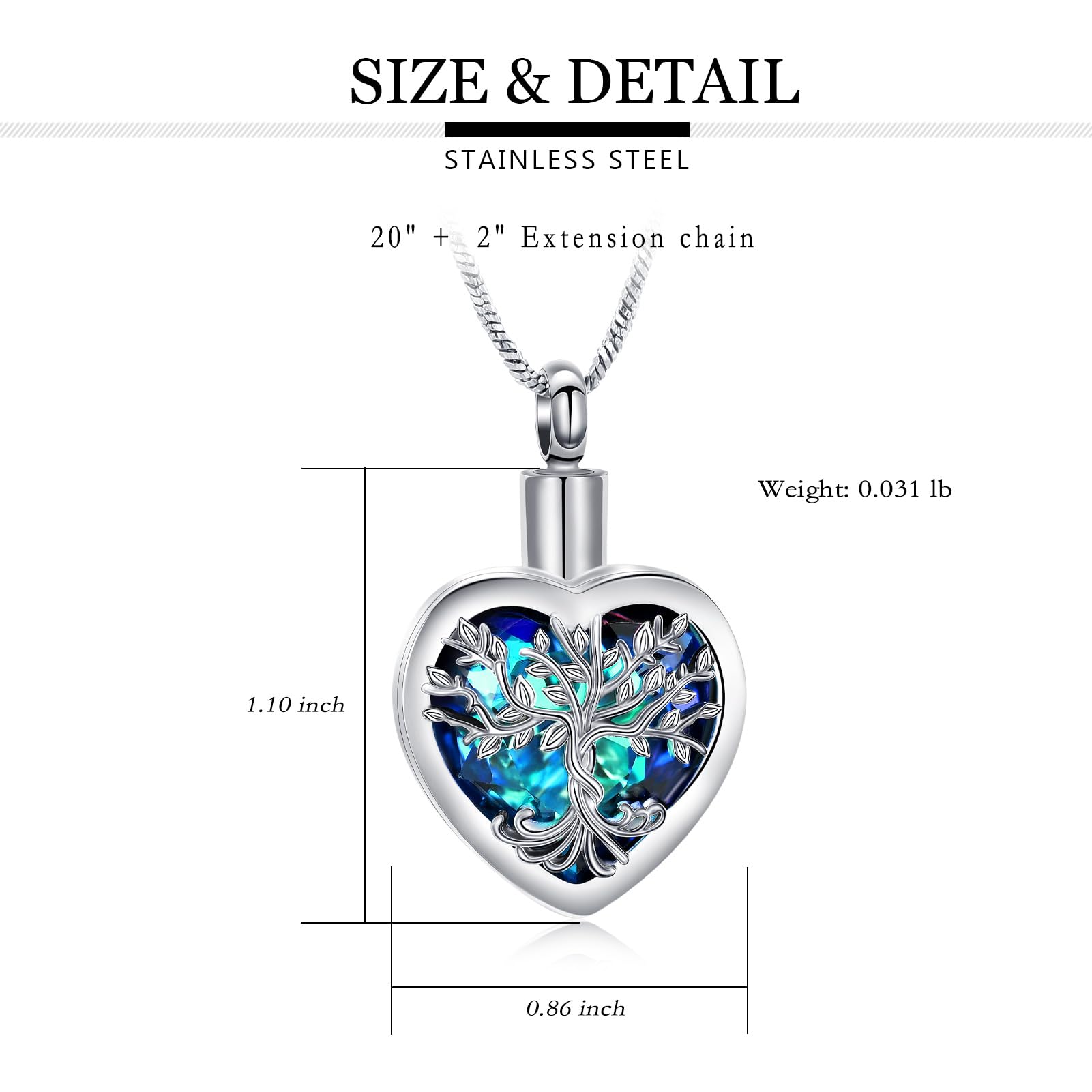 Stainless Steel Tree of Life Crystal Heart Cremation Pendant Urn Necklace Ashes - Picture 4 of 38