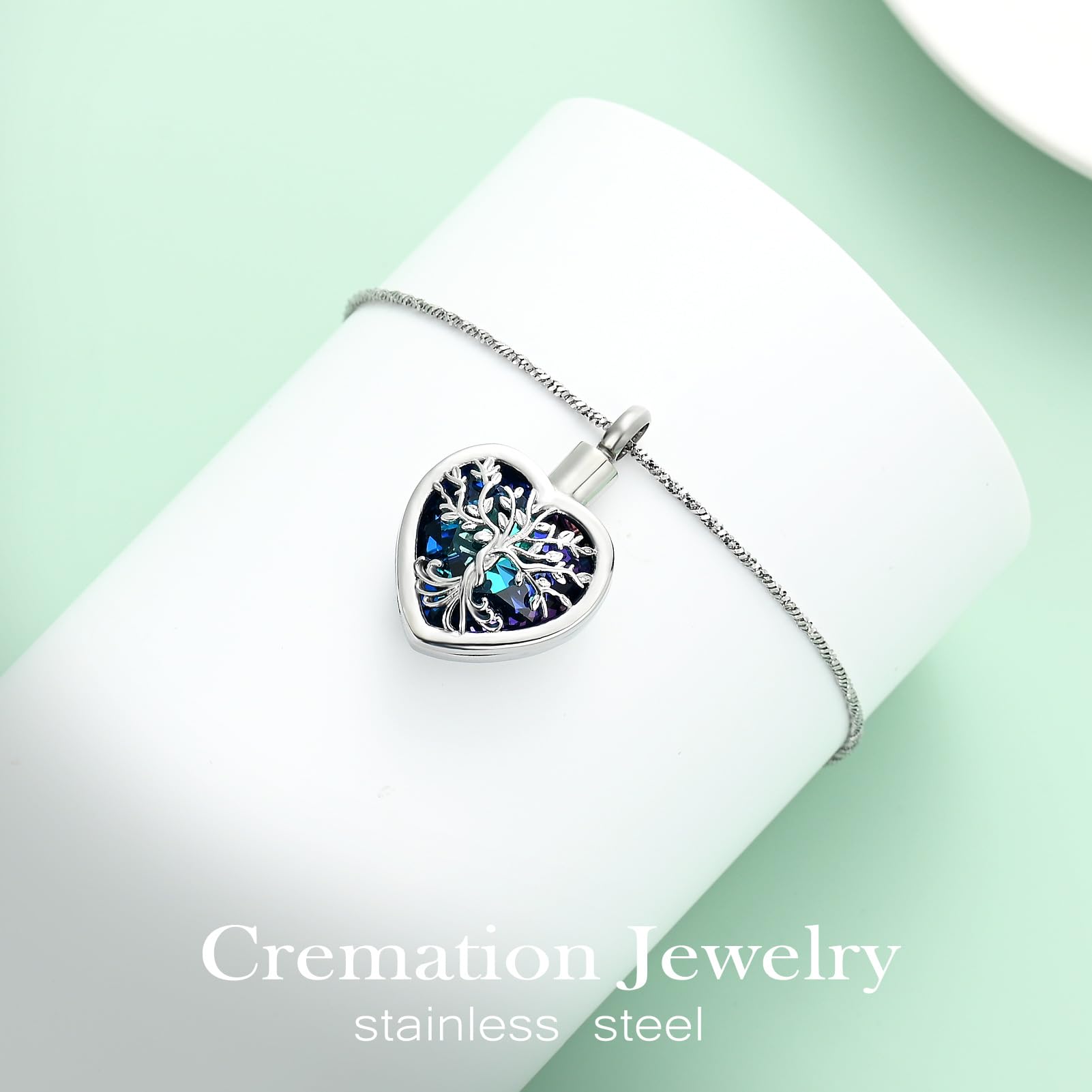 Stainless Steel Tree of Life Crystal Heart Cremation Pendant Urn Necklace Ashes - Picture 6 of 38