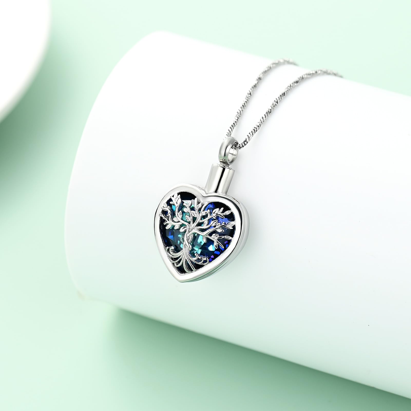 Stainless Steel Tree of Life Crystal Heart Cremation Pendant Urn Necklace Ashes - Picture 5 of 38