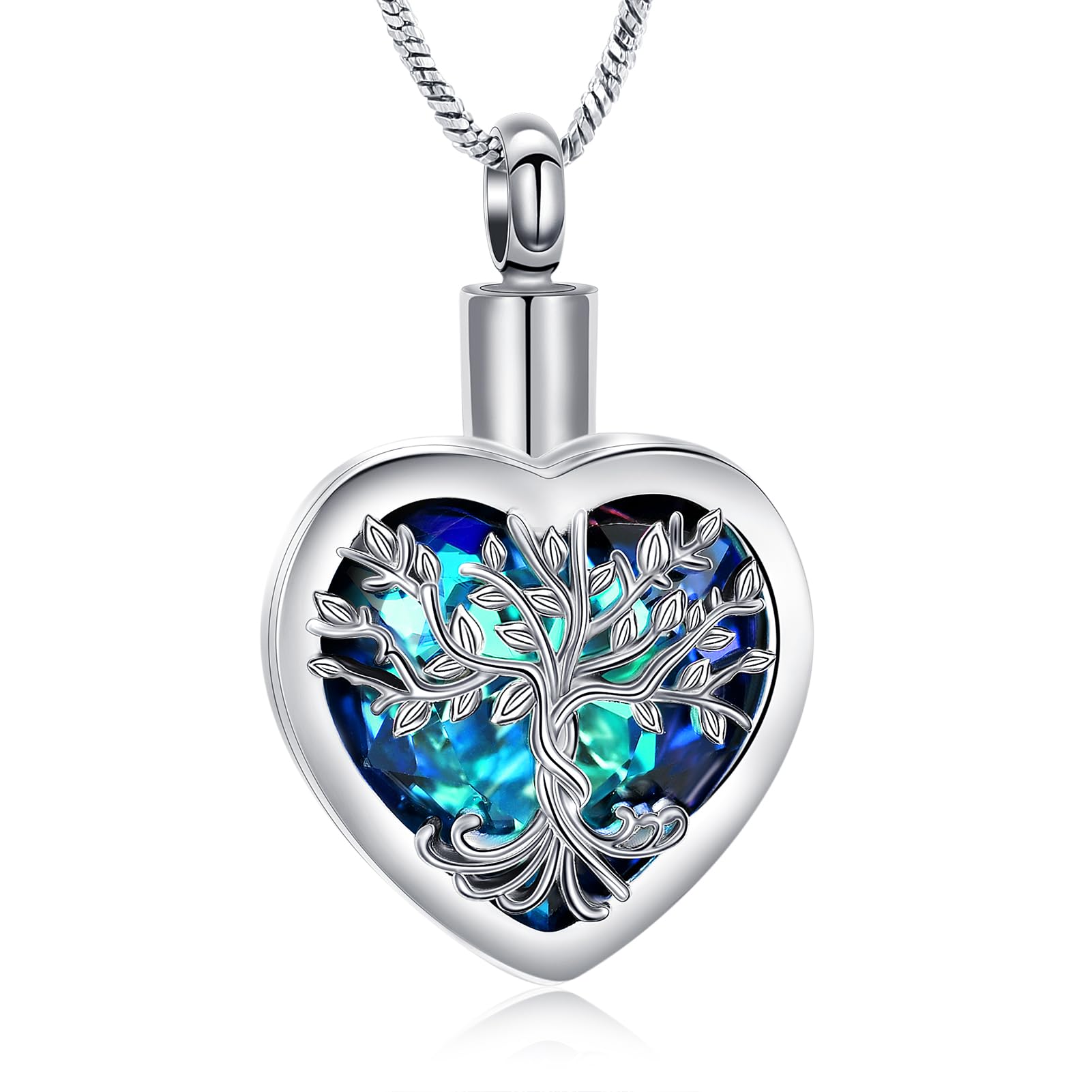 Stainless Steel Tree of Life Crystal Heart Cremation Pendant Urn Necklace Ashes - Picture 3 of 38