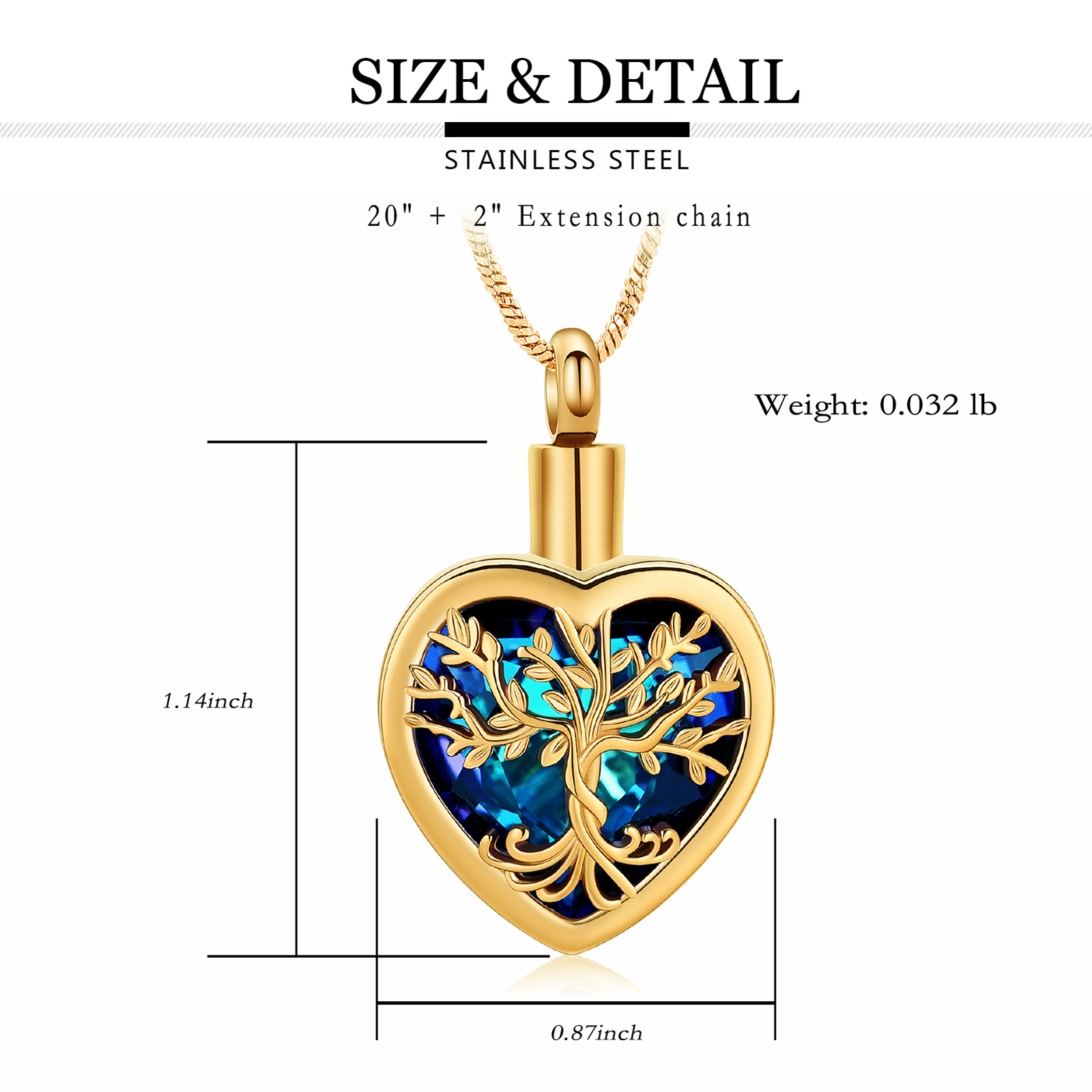 Stainless Steel Tree of Life Crystal Heart Cremation Pendant Urn Necklace Ashes - Picture 10 of 38