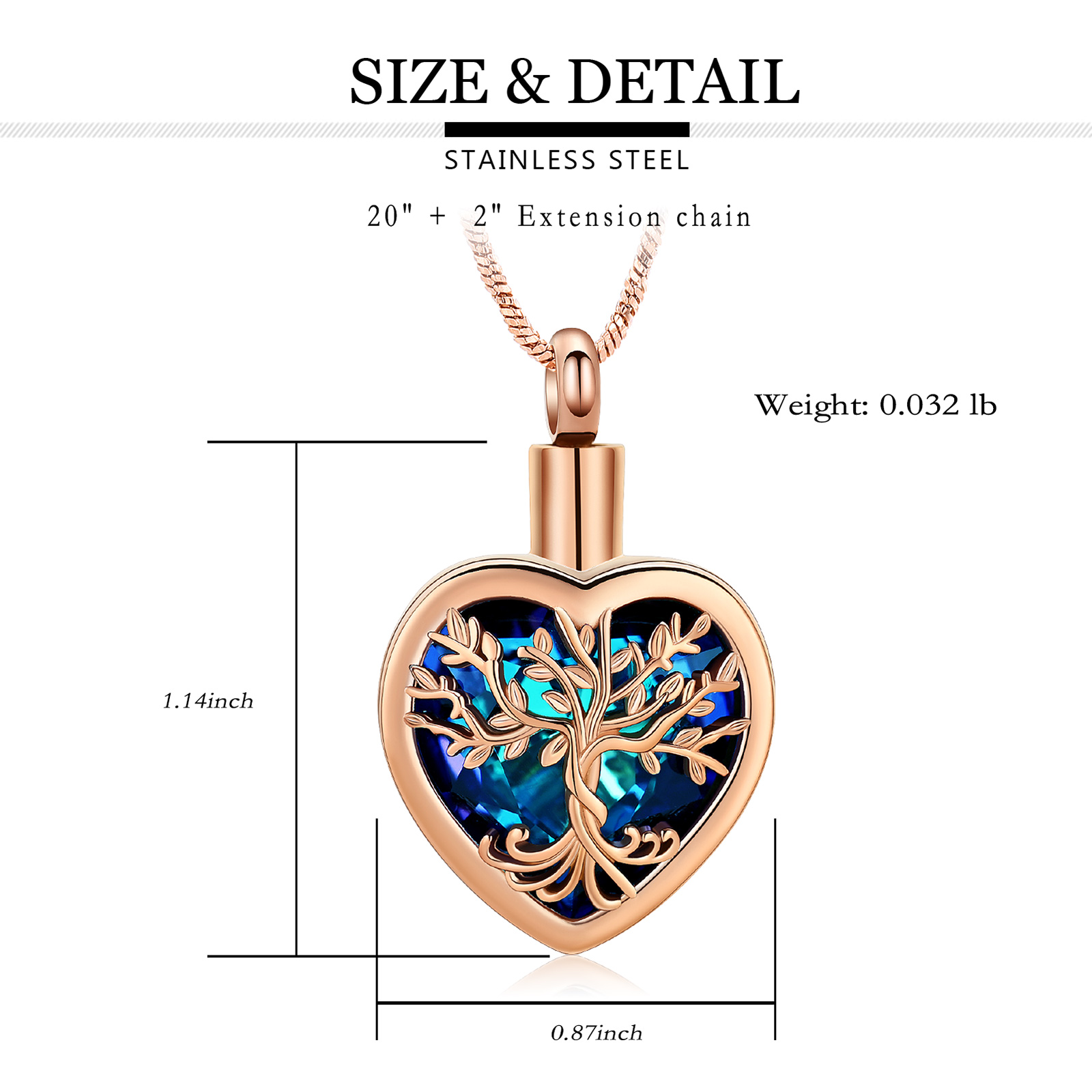 Stainless Steel Tree of Life Crystal Heart Cremation Pendant Urn Necklace Ashes - Picture 16 of 38