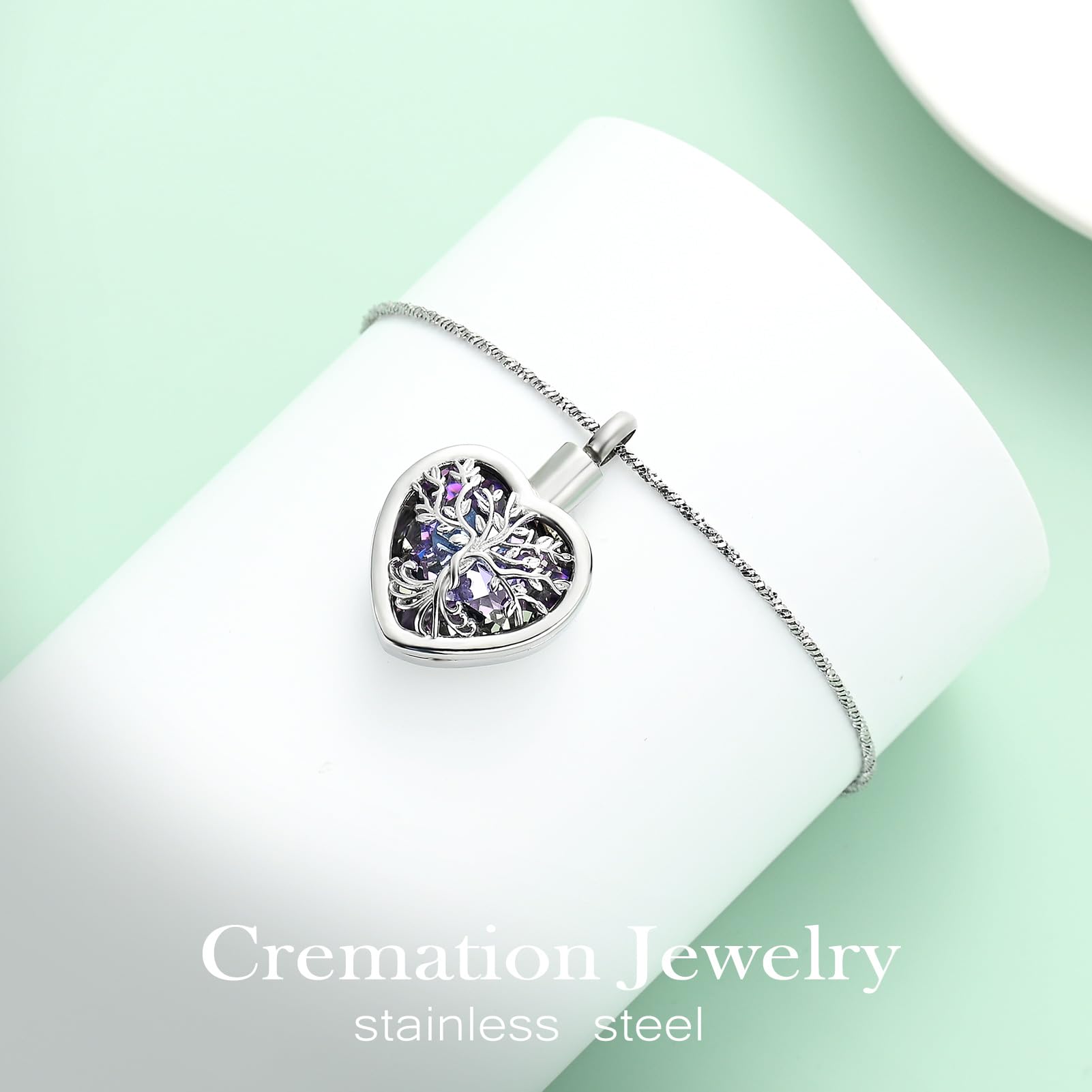 Stainless Steel Tree of Life Crystal Heart Cremation Pendant Urn Necklace Ashes - Picture 24 of 38