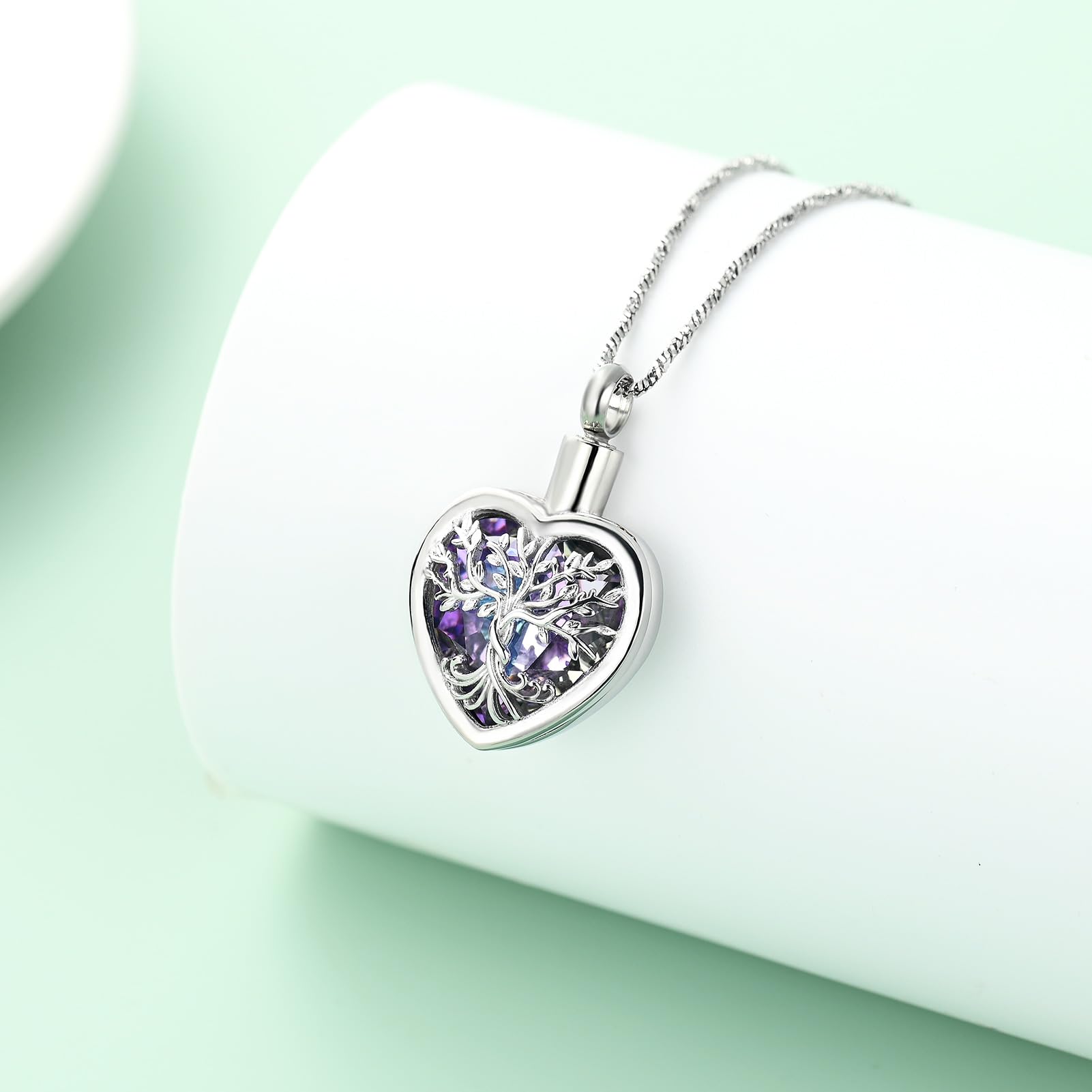 Stainless Steel Tree of Life Crystal Heart Cremation Pendant Urn Necklace Ashes - Picture 23 of 38