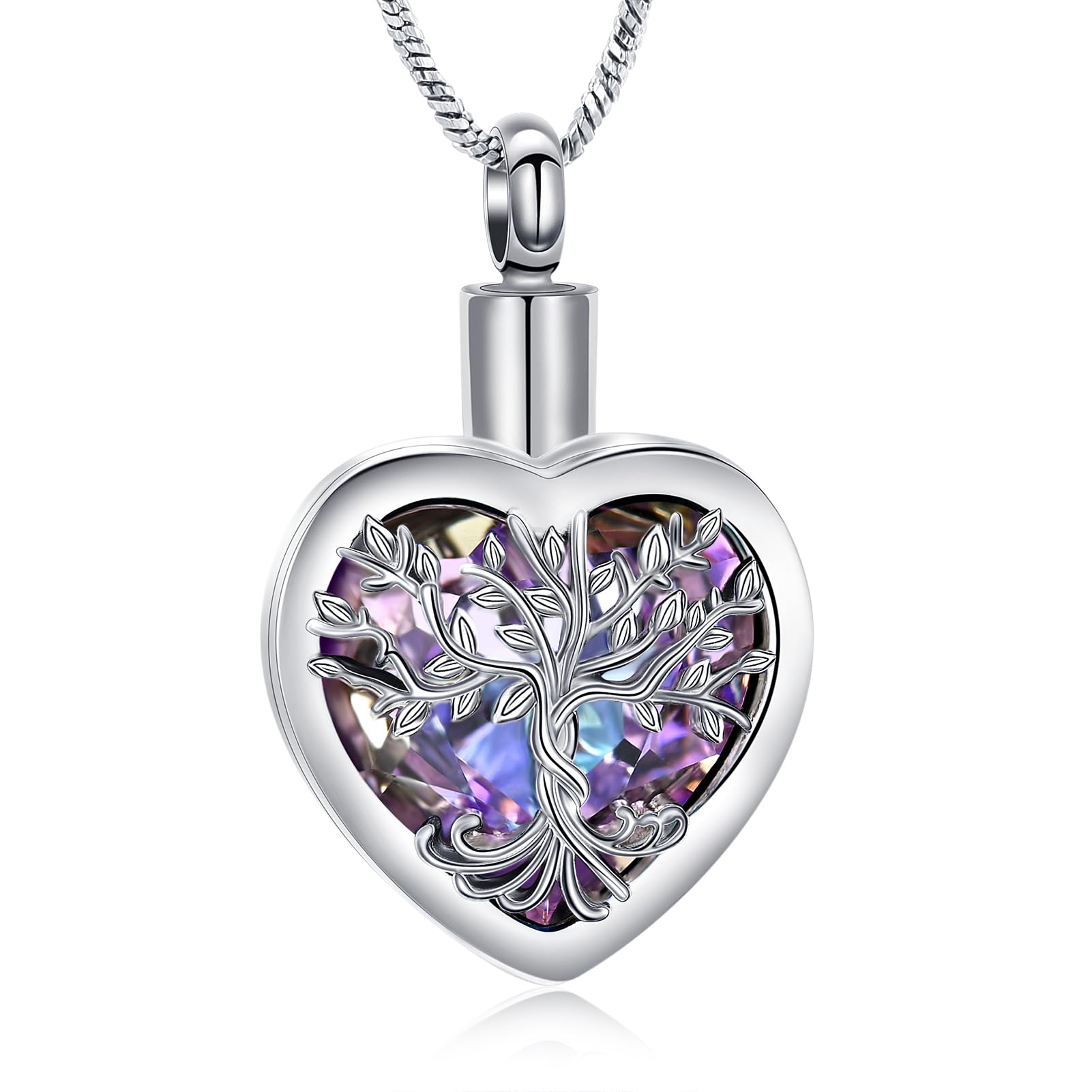 Stainless Steel Tree of Life Crystal Heart Cremation Pendant Urn Necklace Ashes - Picture 21 of 38