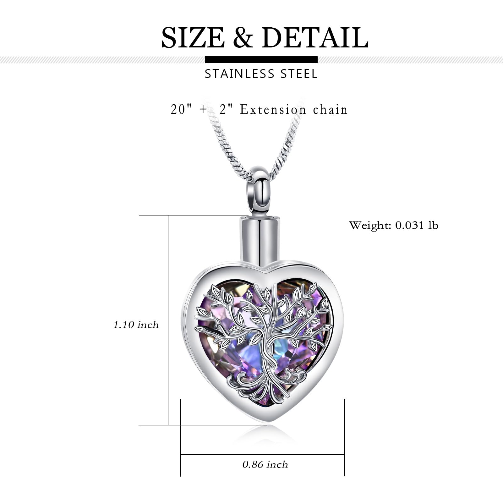Stainless Steel Tree of Life Crystal Heart Cremation Pendant Urn Necklace Ashes - Picture 22 of 38