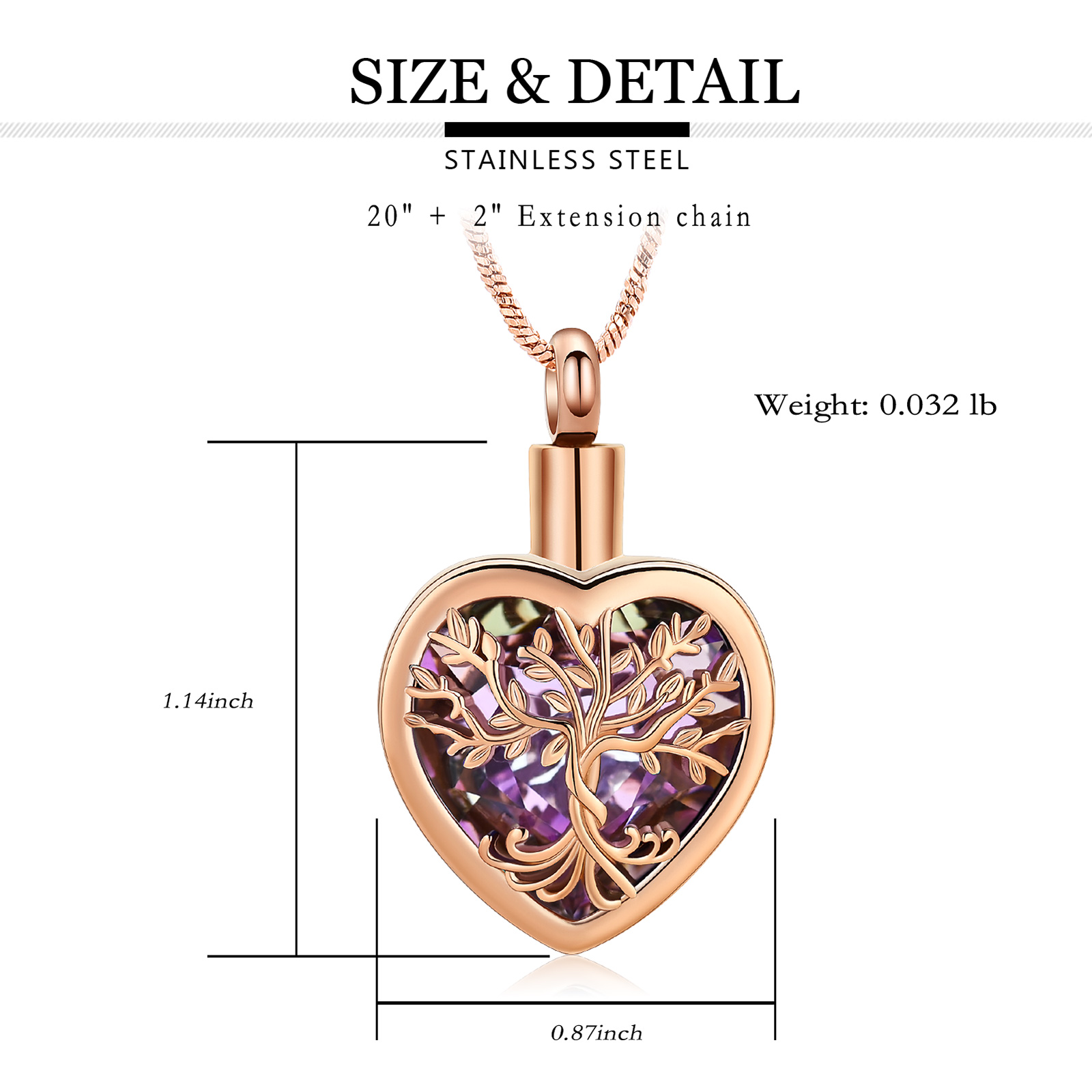 Stainless Steel Tree of Life Crystal Heart Cremation Pendant Urn Necklace Ashes - Picture 34 of 38