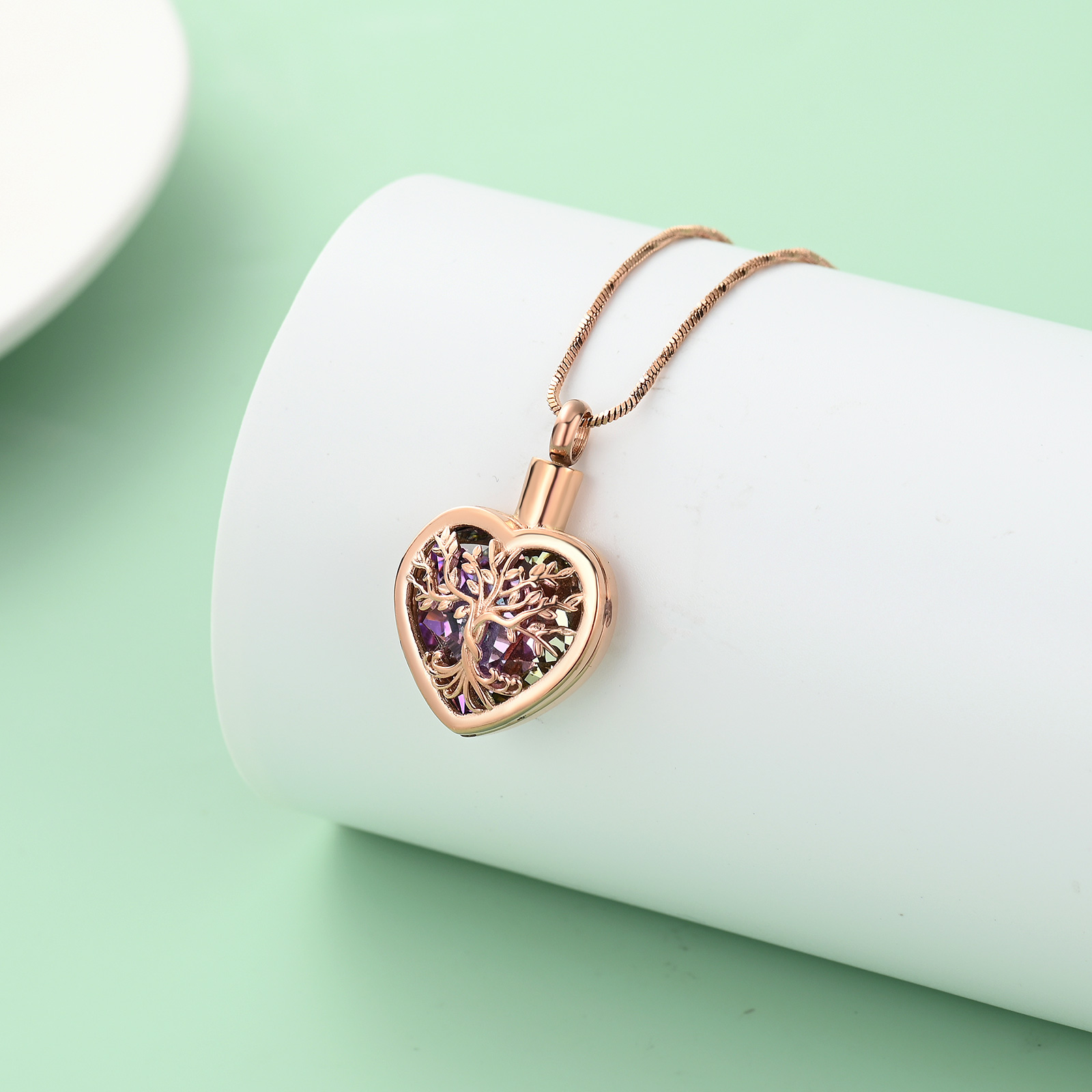 Stainless Steel Tree of Life Crystal Heart Cremation Pendant Urn Necklace Ashes - Picture 35 of 38