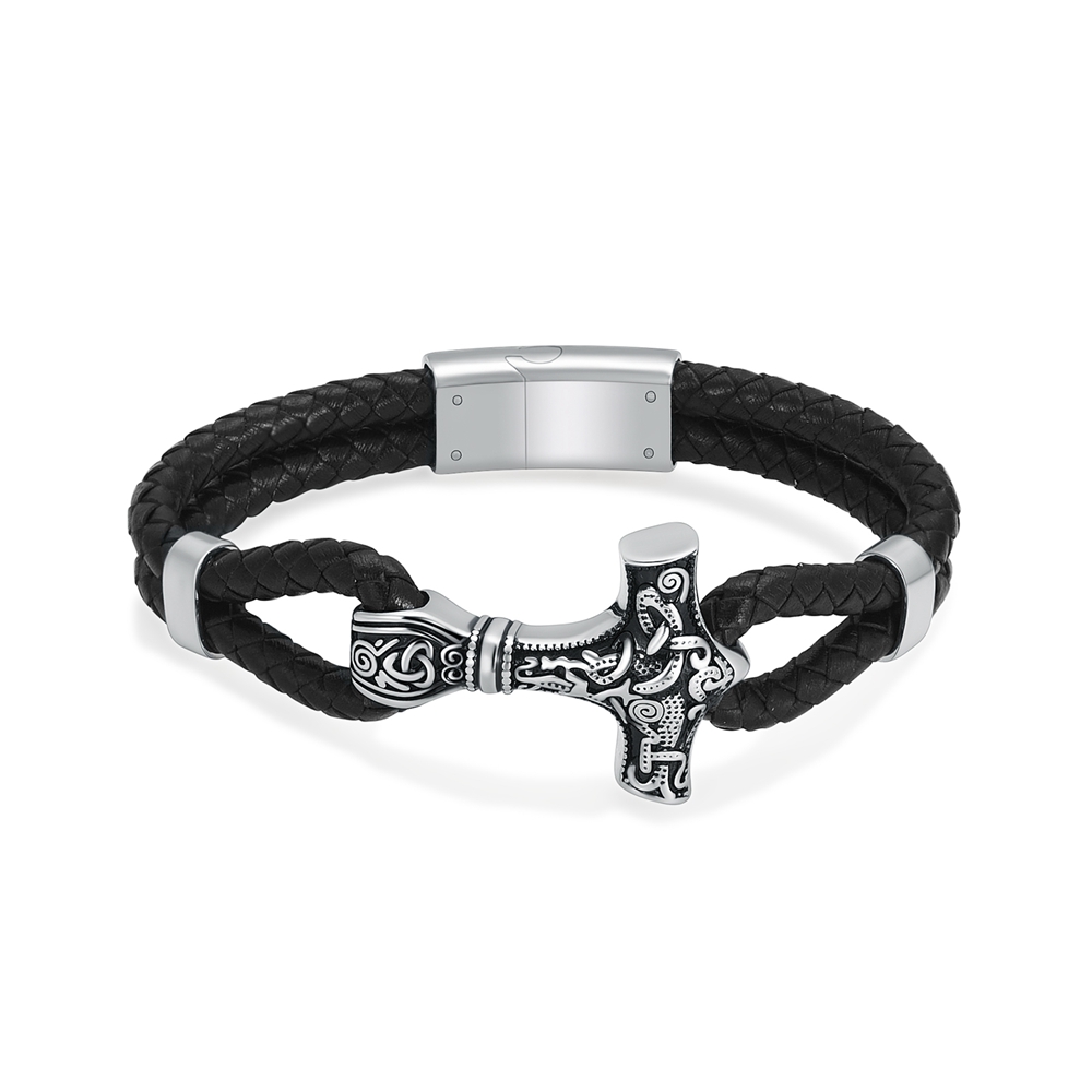 Viking Thor's Hammer Cremation Bracelet for Ashes Braided Leather Cuff Bangle - Picture 11 of 26