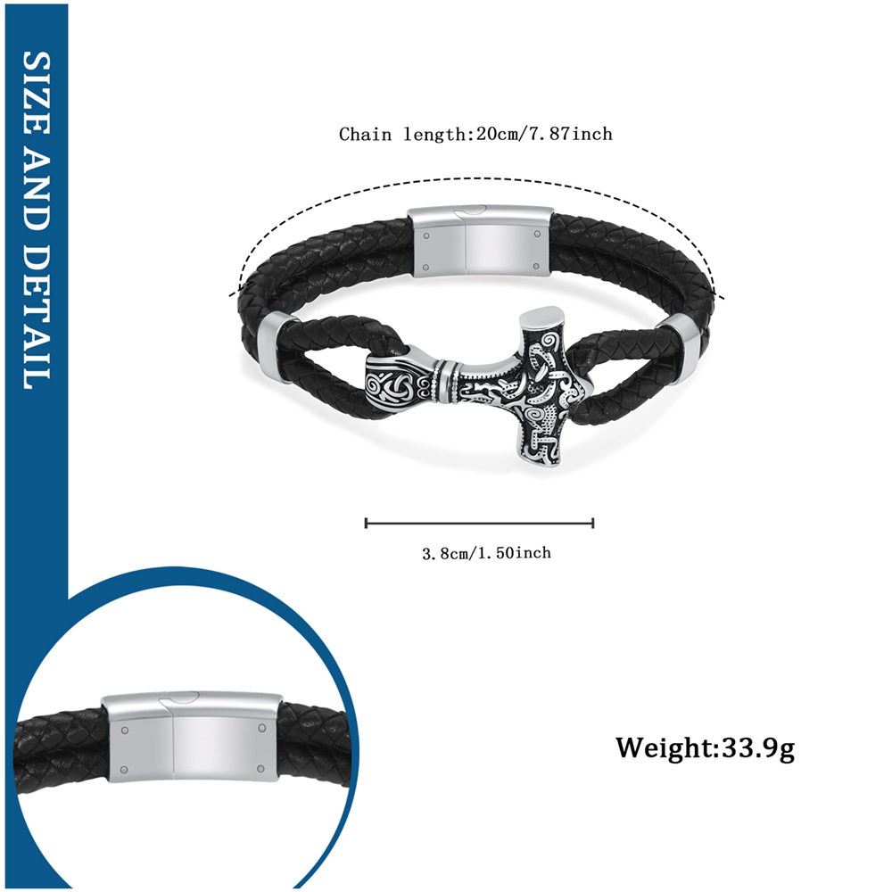 Viking Thor's Hammer Cremation Bracelet for Ashes Braided Leather Cuff Bangle - Picture 12 of 26