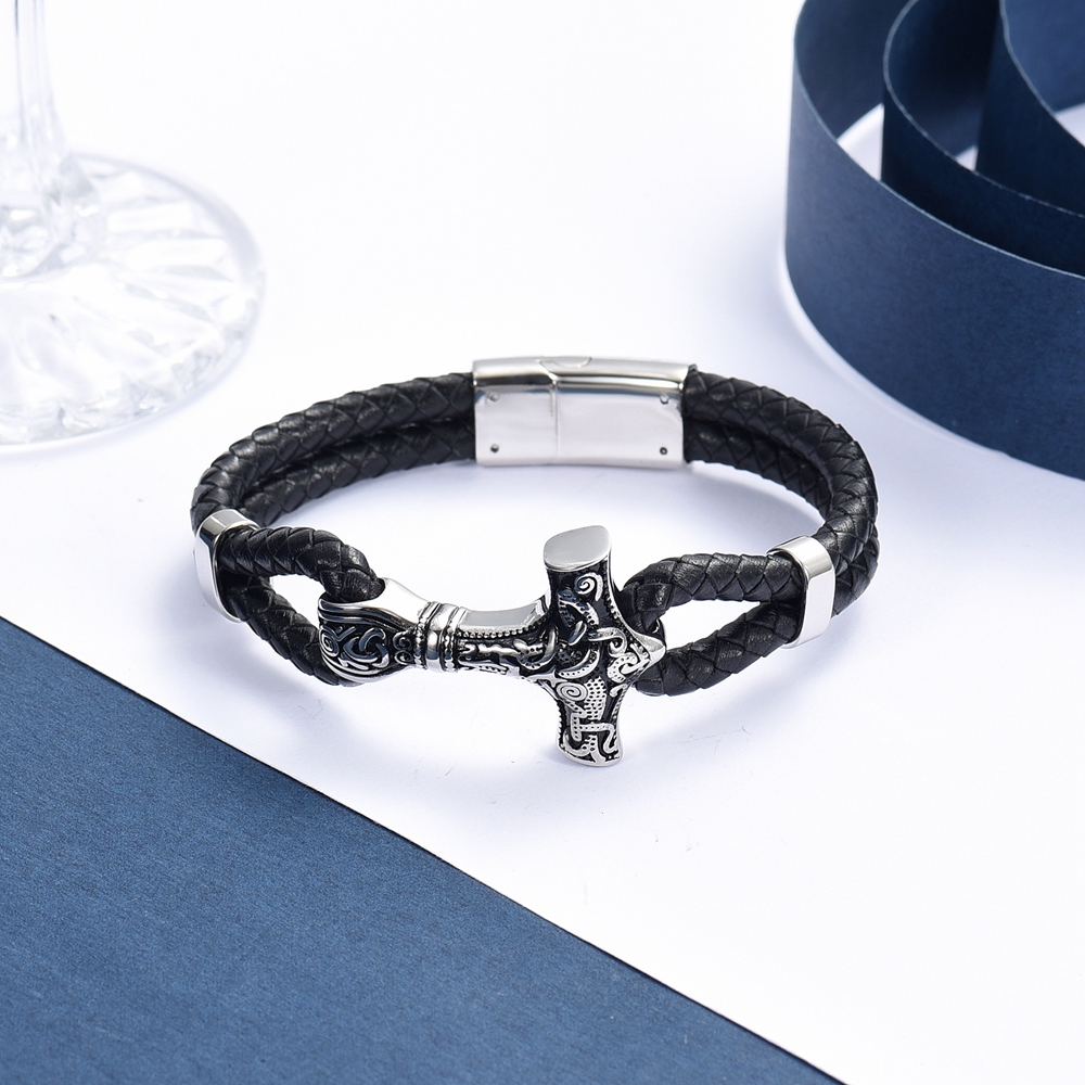 Viking Thor's Hammer Cremation Bracelet for Ashes Braided Leather Cuff Bangle - Picture 13 of 26