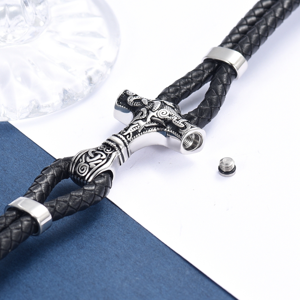 Viking Thor's Hammer Cremation Bracelet for Ashes Braided Leather Cuff Bangle - Picture 16 of 26