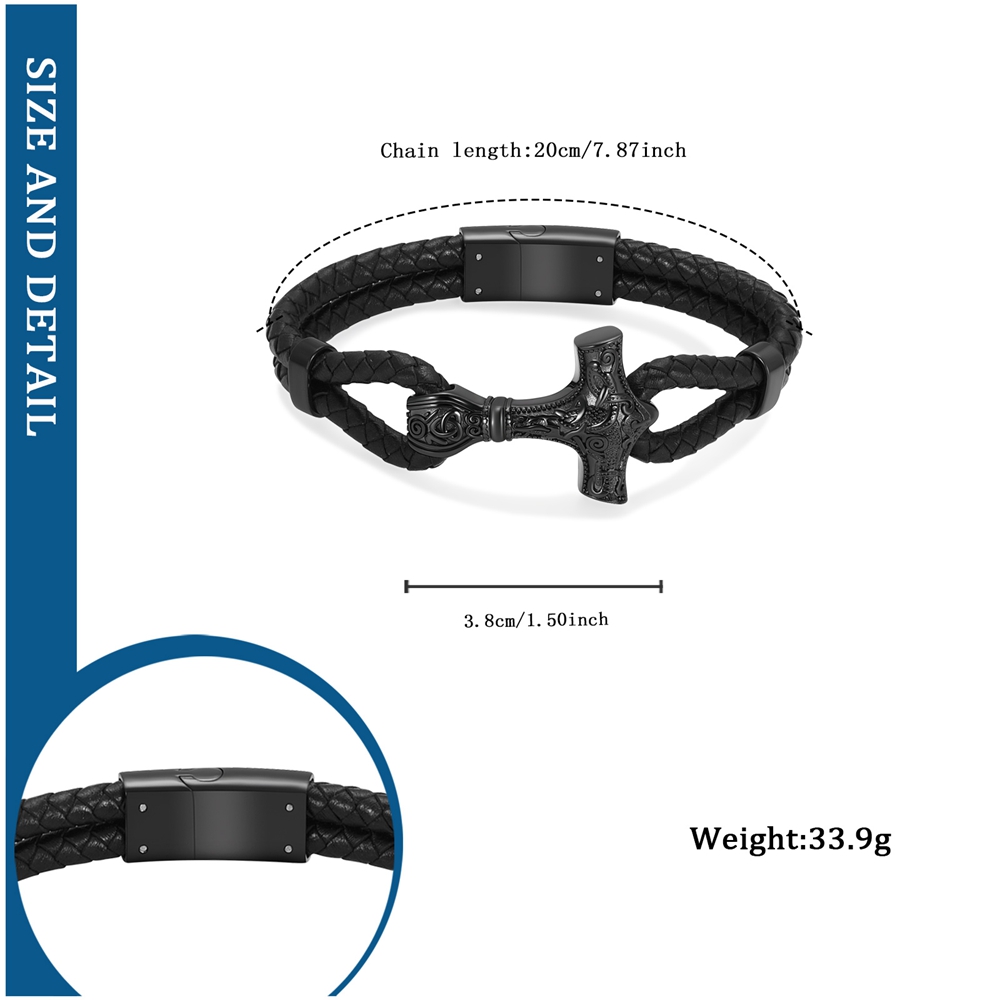 Viking Thor's Hammer Cremation Bracelet for Ashes Braided Leather Cuff Bangle - Picture 20 of 26