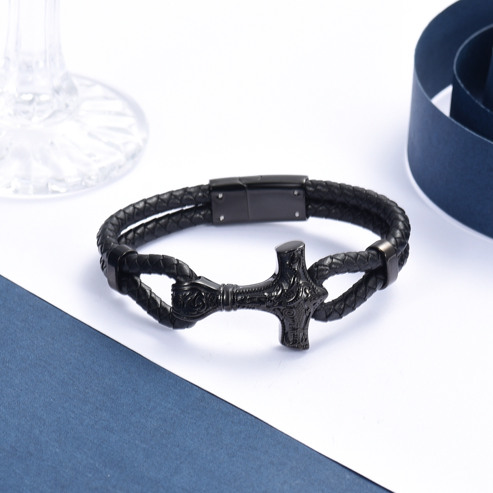 Viking Thor's Hammer Cremation Bracelet for Ashes Braided Leather Cuff Bangle - Picture 21 of 26