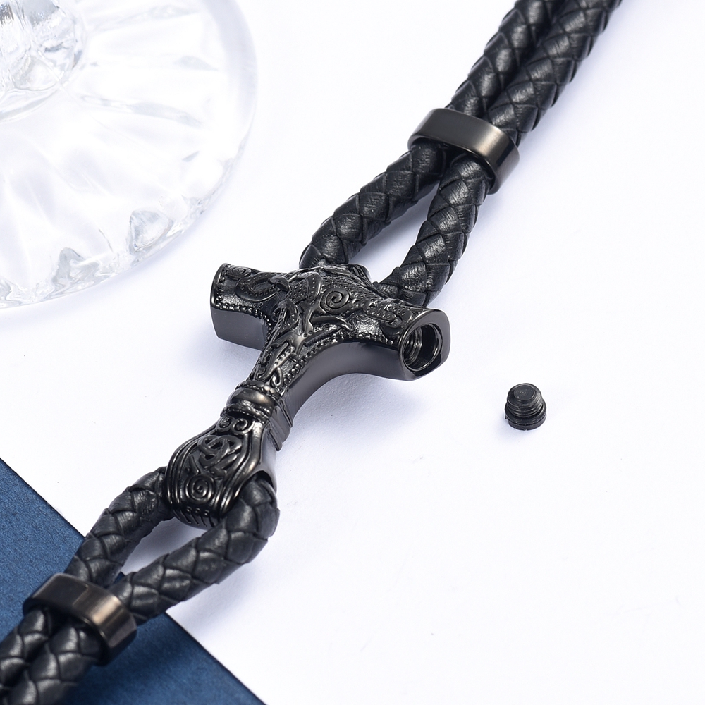 Viking Thor's Hammer Cremation Bracelet for Ashes Braided Leather Cuff Bangle - Picture 24 of 26