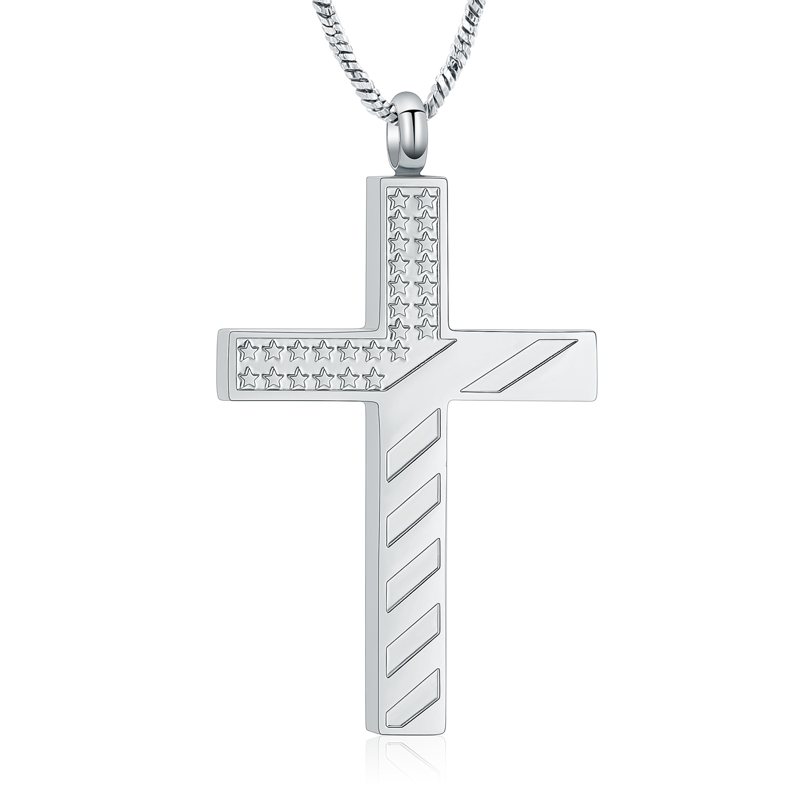 Stainless Steel American Flag Print Cross Urn Pendant Memory Necklace for Ashes