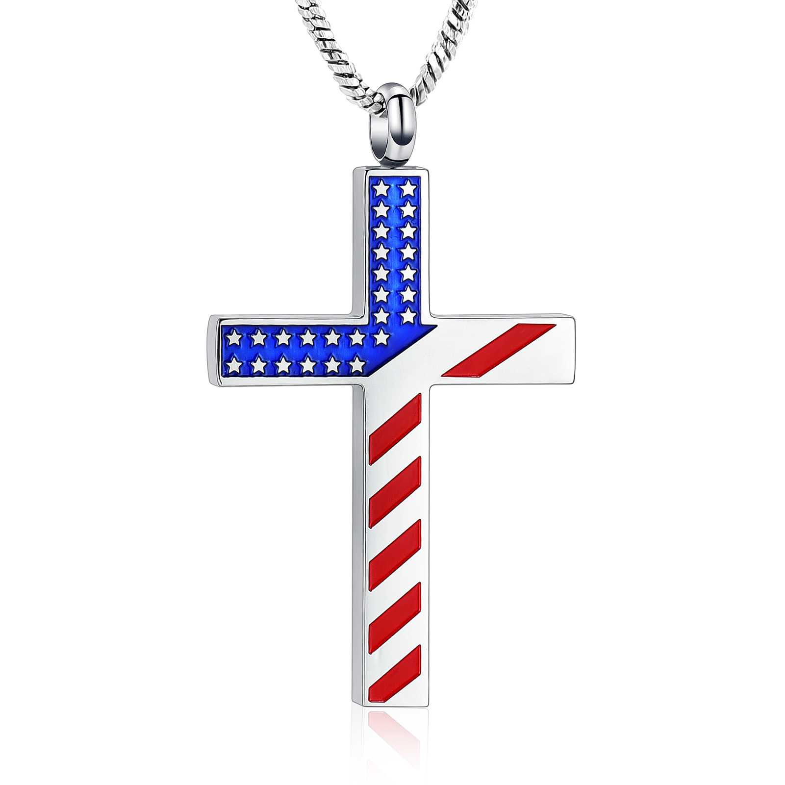 Stainless Steel American Flag Print Cross Urn Pendant Memory Necklace for Ashes