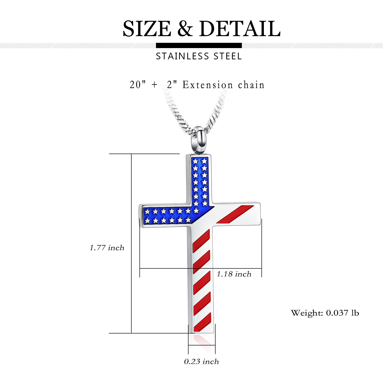 Stainless Steel American Flag Print Cross Urn Pendant Memory Necklace for Ashes