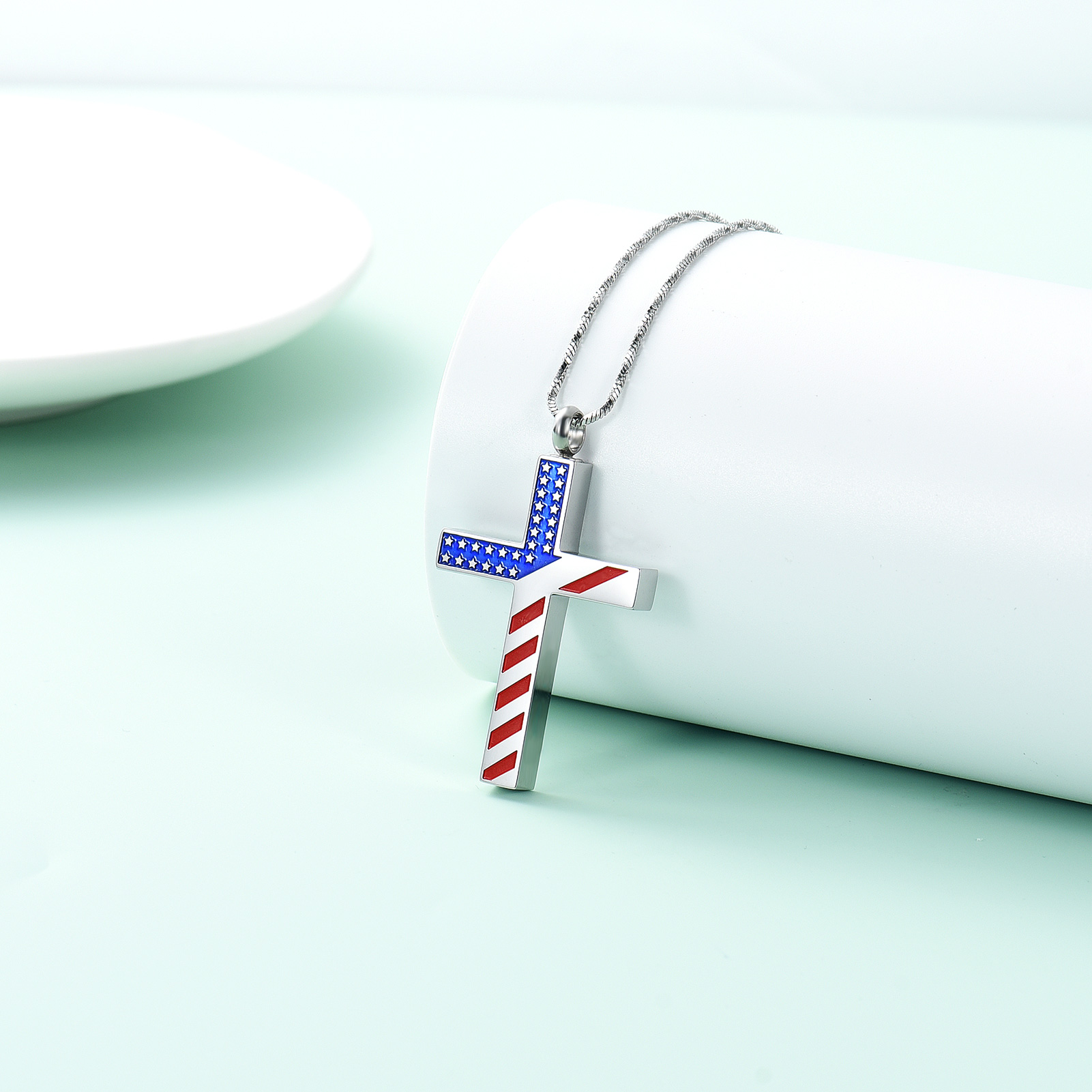 Stainless Steel American Flag Print Cross Urn Pendant Memory Necklace for Ashes