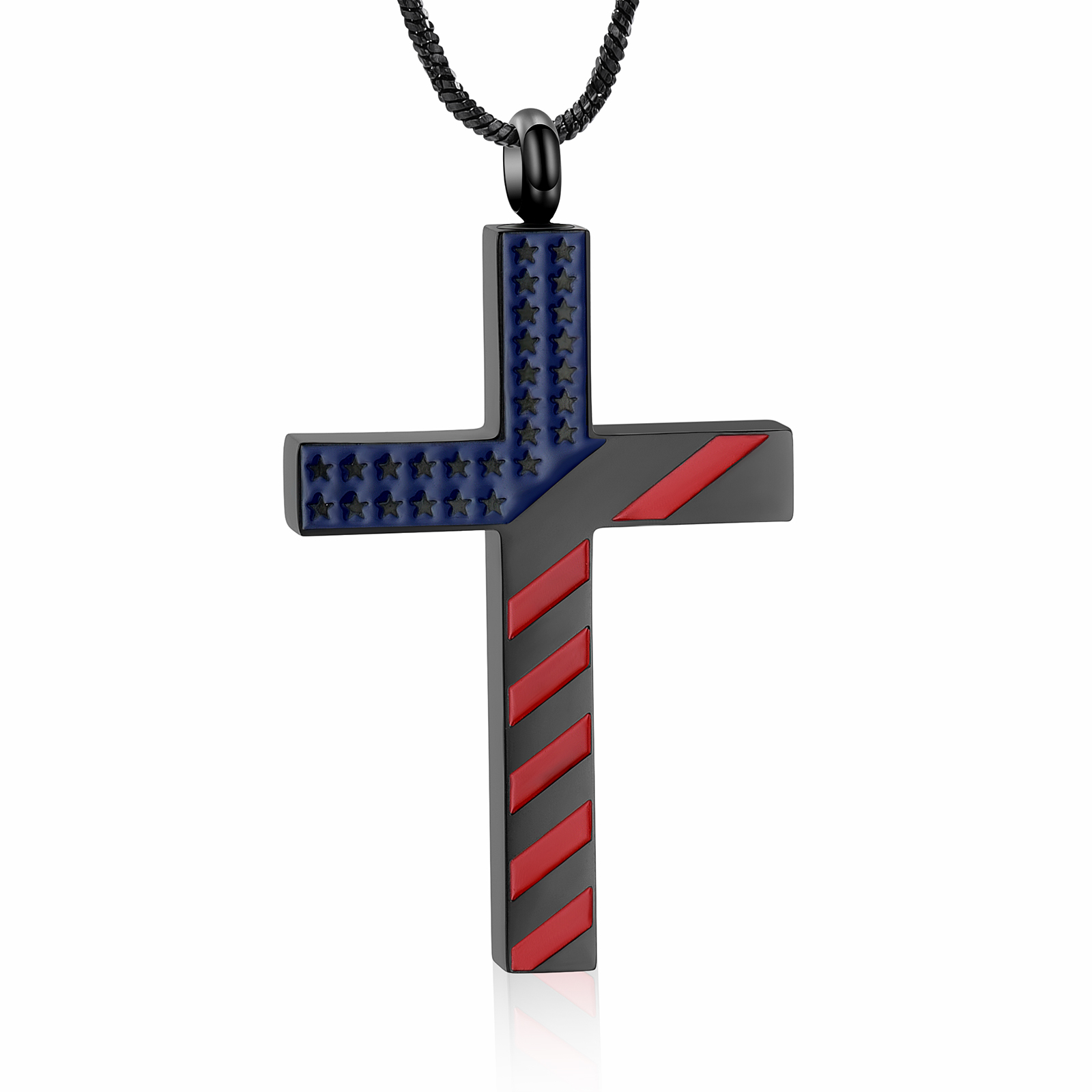 Stainless Steel American Flag Print Cross Urn Pendant Memory Necklace for Ashes