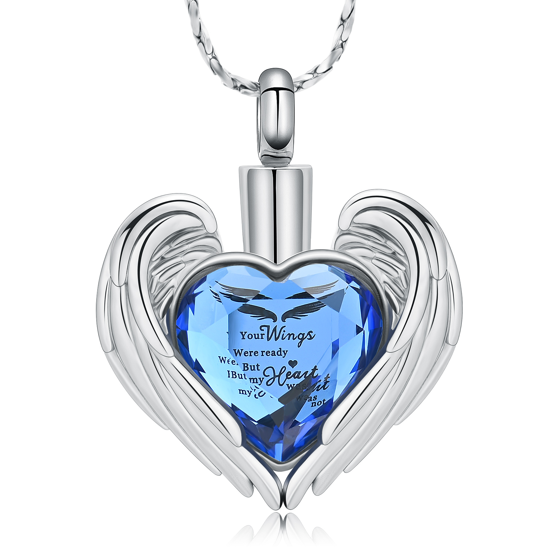 Stainless Steel Angel Wing Crystal Heart Urn Pendant Memory Necklace for Ashes