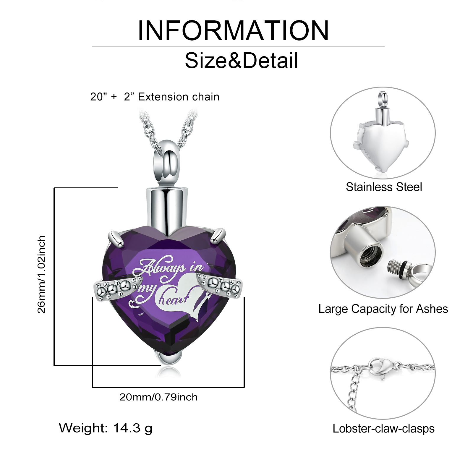 Cremation Jewelry for Ashe Necklace Always in my heart crystal heart Urn Pendant