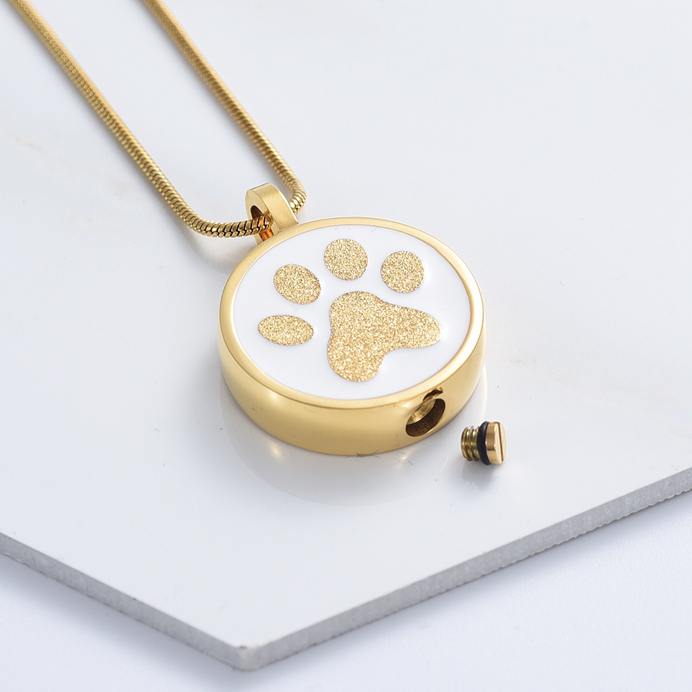 Round Pet Urn Pendant Necklace Dog Cat Paw Print Engraved Urn Necklace ...