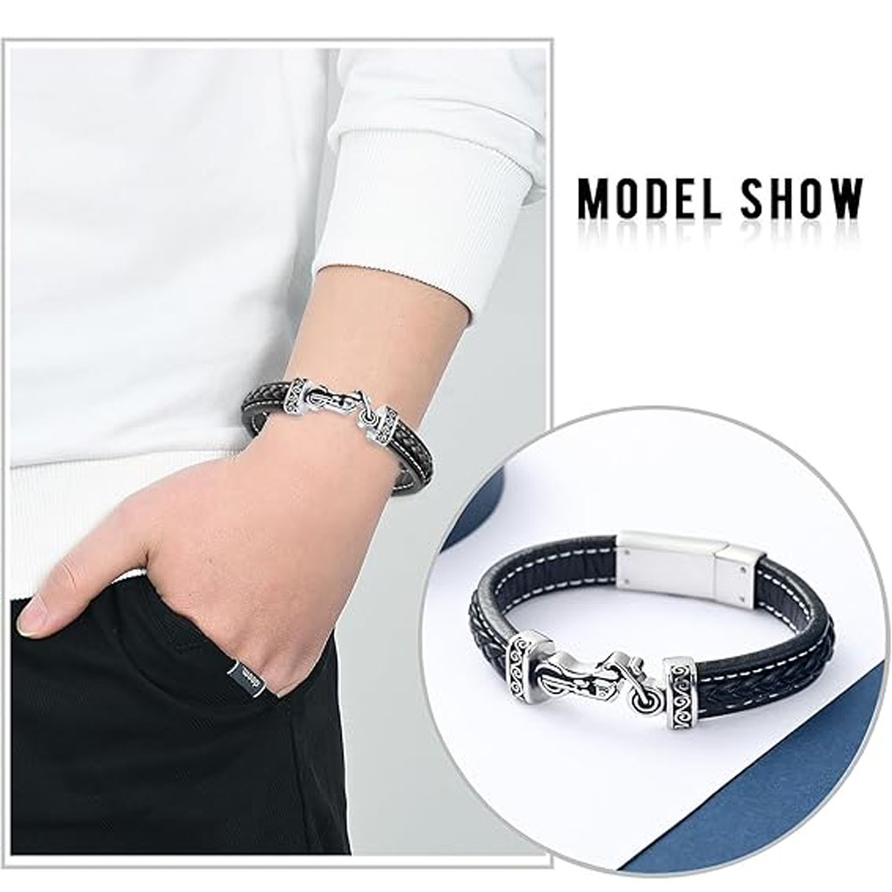 Motorcycle Cremation Bracelet for Ashes for Men Braided Leather Wristband Bangle - Picture 12 of 32