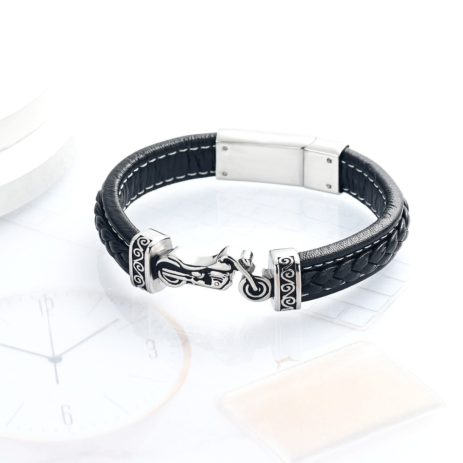 Motorcycle Cremation Bracelet for Ashes for Men Braided Leather Wristband Bangle - Picture 13 of 32