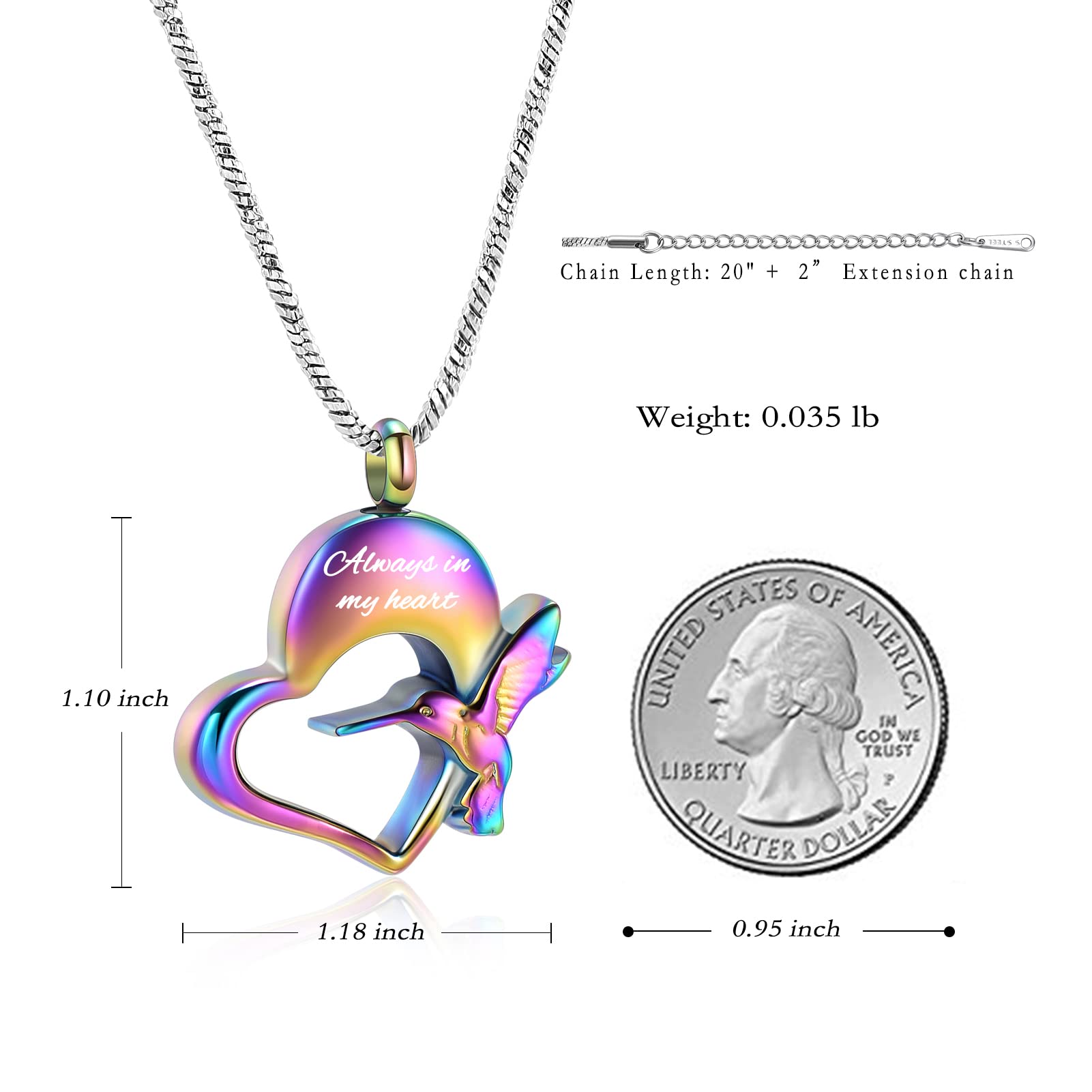 Always in My Heart Hummingbird Urn Pendant Cremation Jewelry for Ashes Necklace - Picture 6 of 11