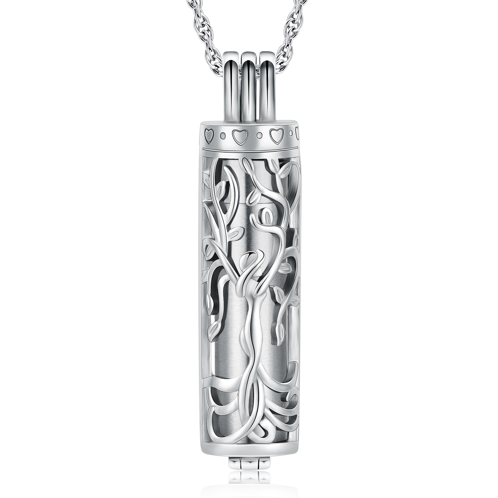 Stainless Steel Cut Out Tree of Life Bar Cylinder Urn Pendant Memory Necklace