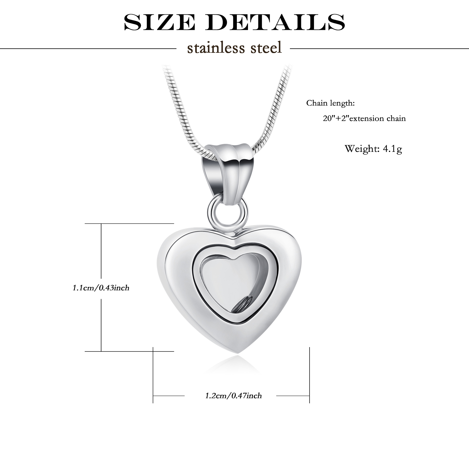 Stainless Steel Clear Glass Heart Urn Pendant Cremation Jewelry Ashes Necklace