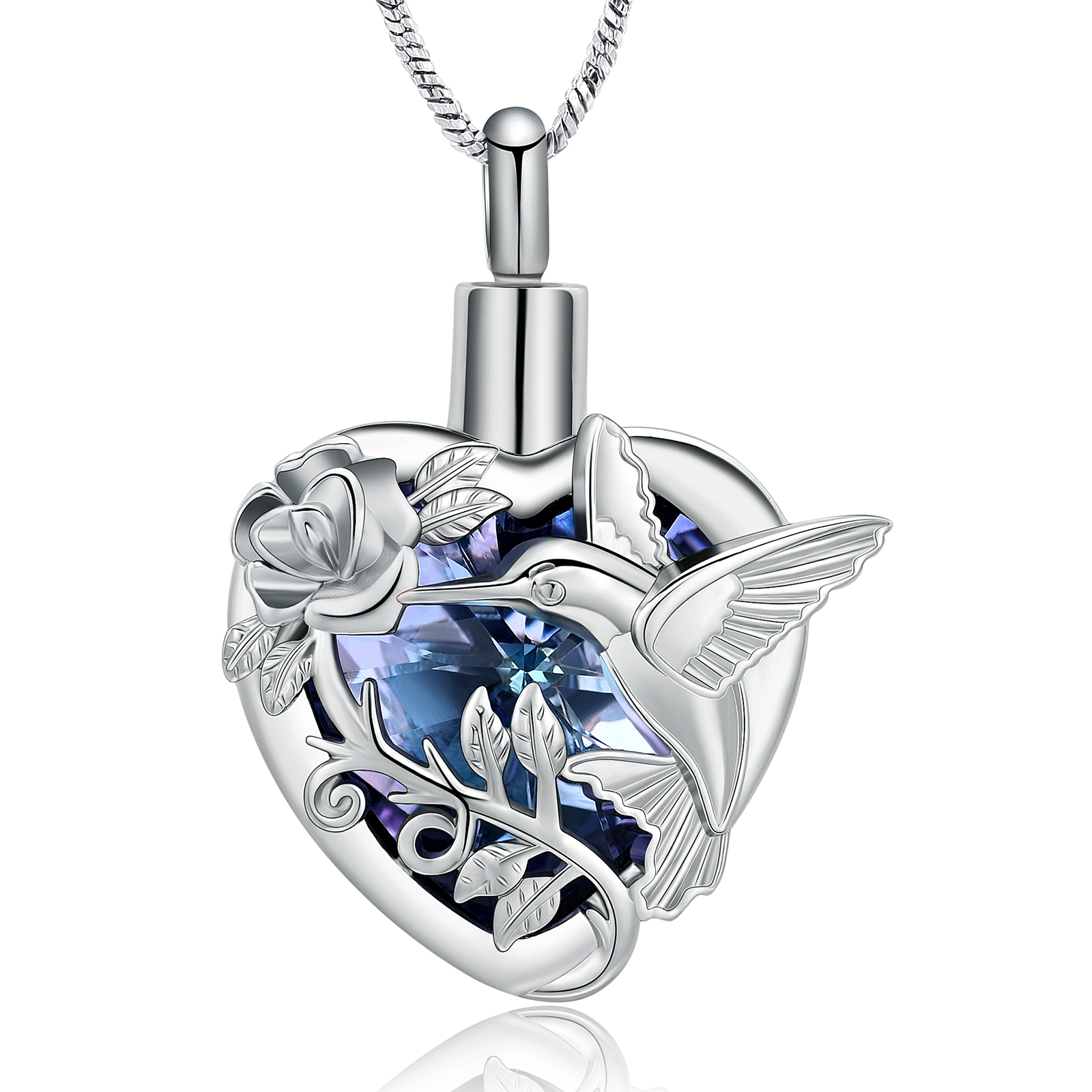 Rose Flower Hummingbird Crystal Heart Urn Pendant Necklace for Cremation Ashes