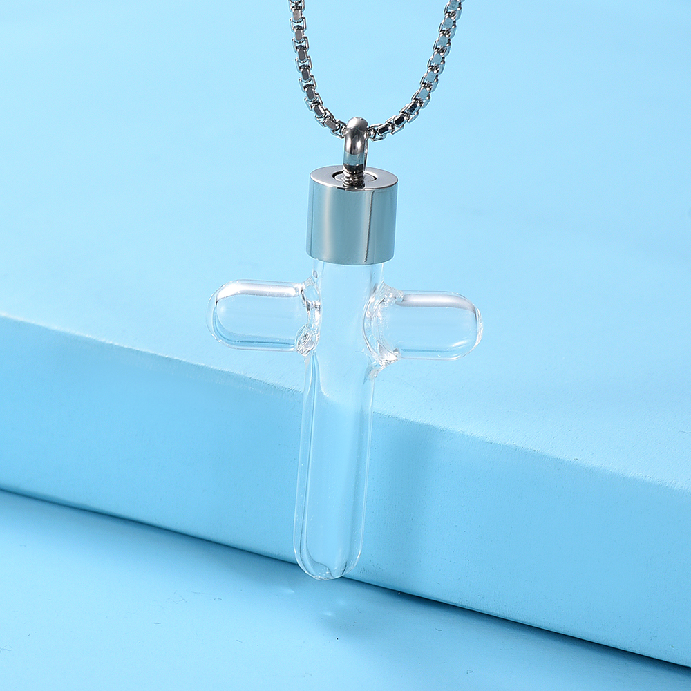 Clear Glass Cross Urn Pendant Hollow Necklace for Ashes Sand Liquid Jewelry Gift - Picture 5 of 18
